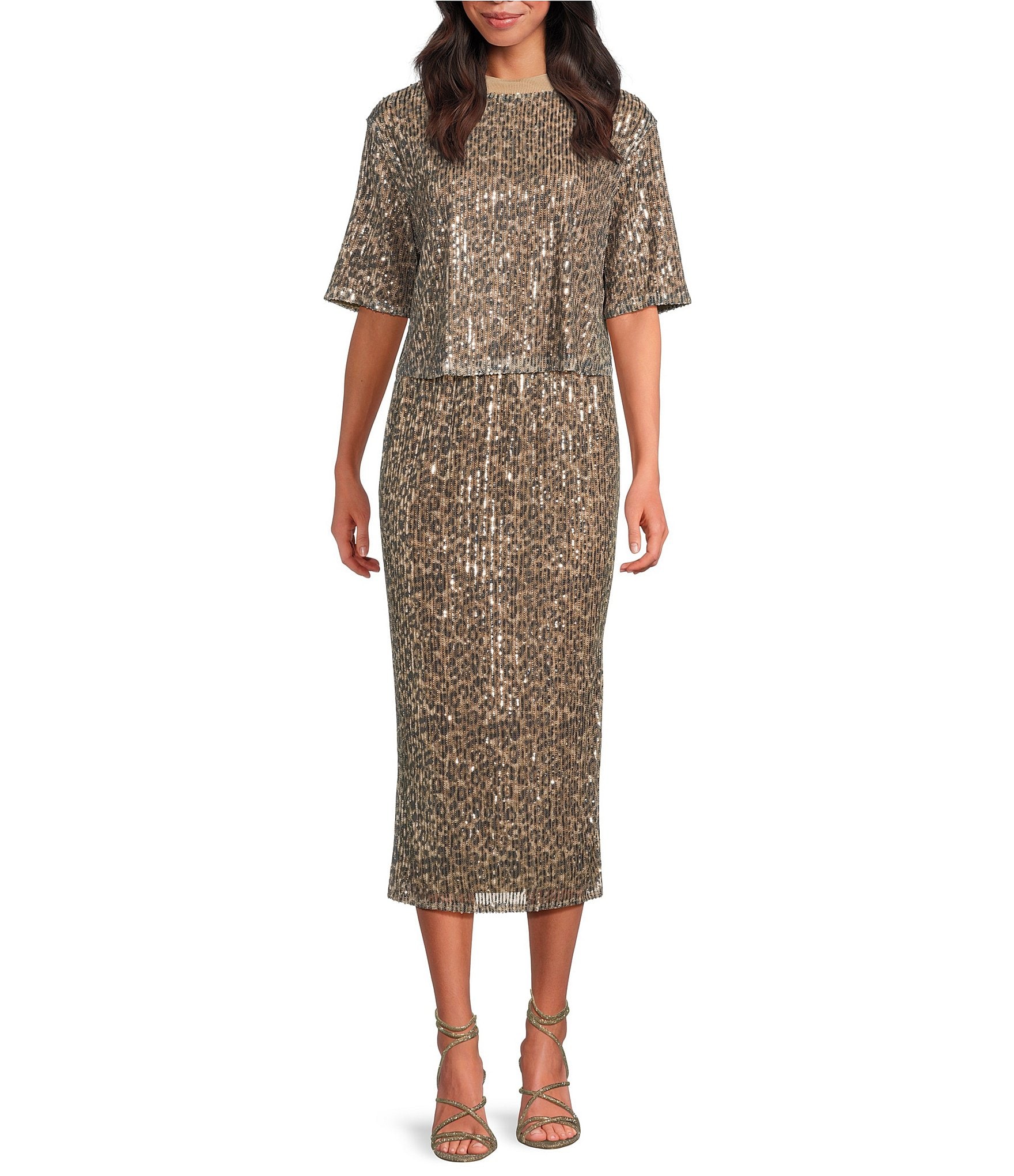 ELAN Cheetah Coordinating Sequin Maxi Sheath Skirt