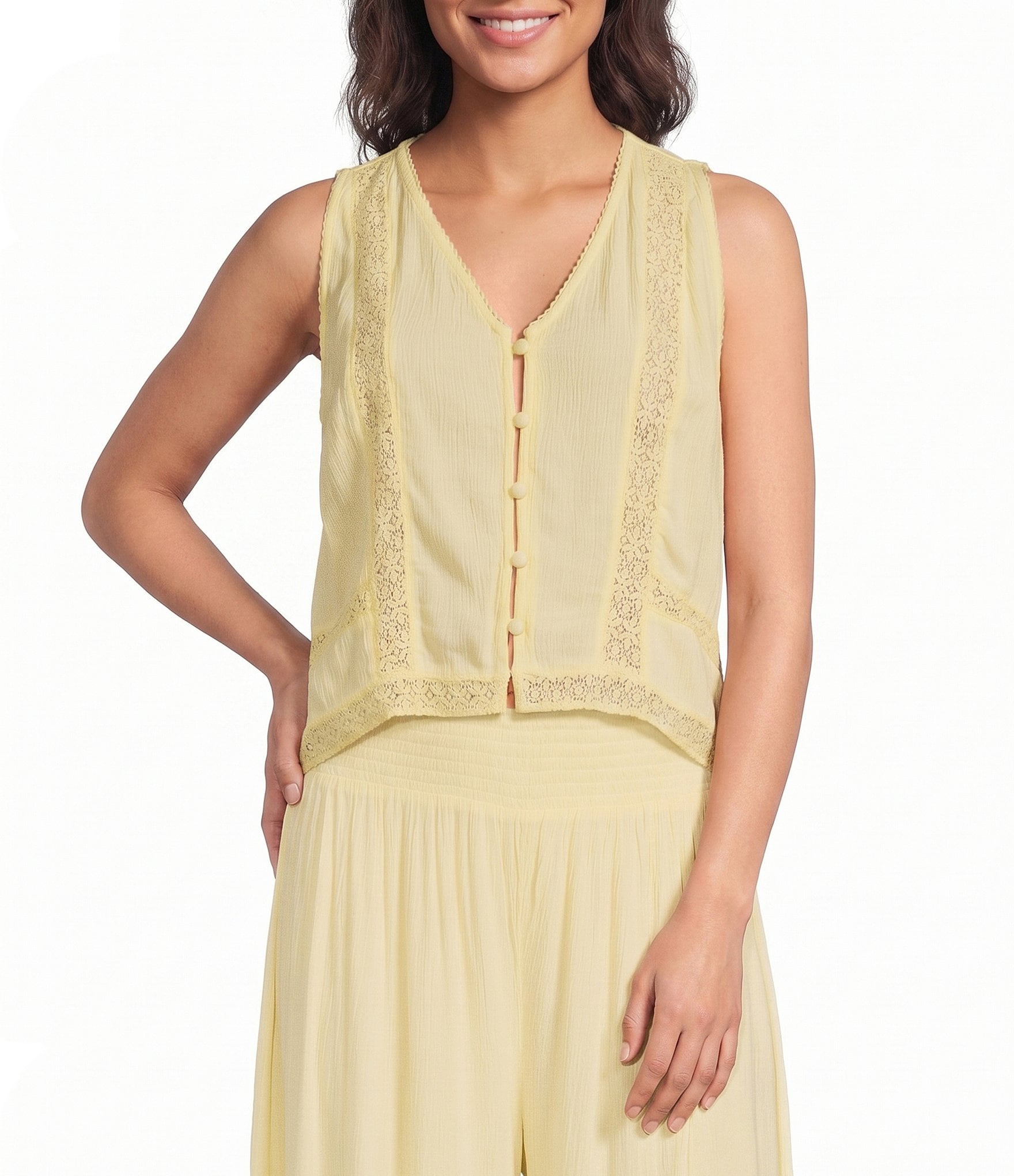 ELAN Coordinating Lace Inset V-Neck Sleeveless Button Front Top