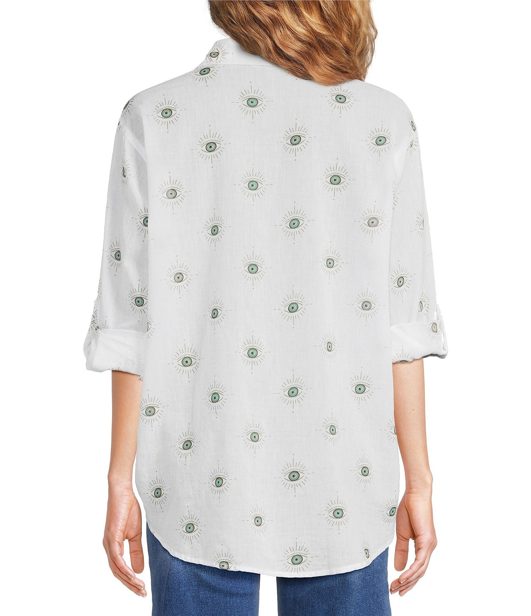 ELAN Cotton Evil Eye Print Point Collar Long Sleeve Button Front Shirt
