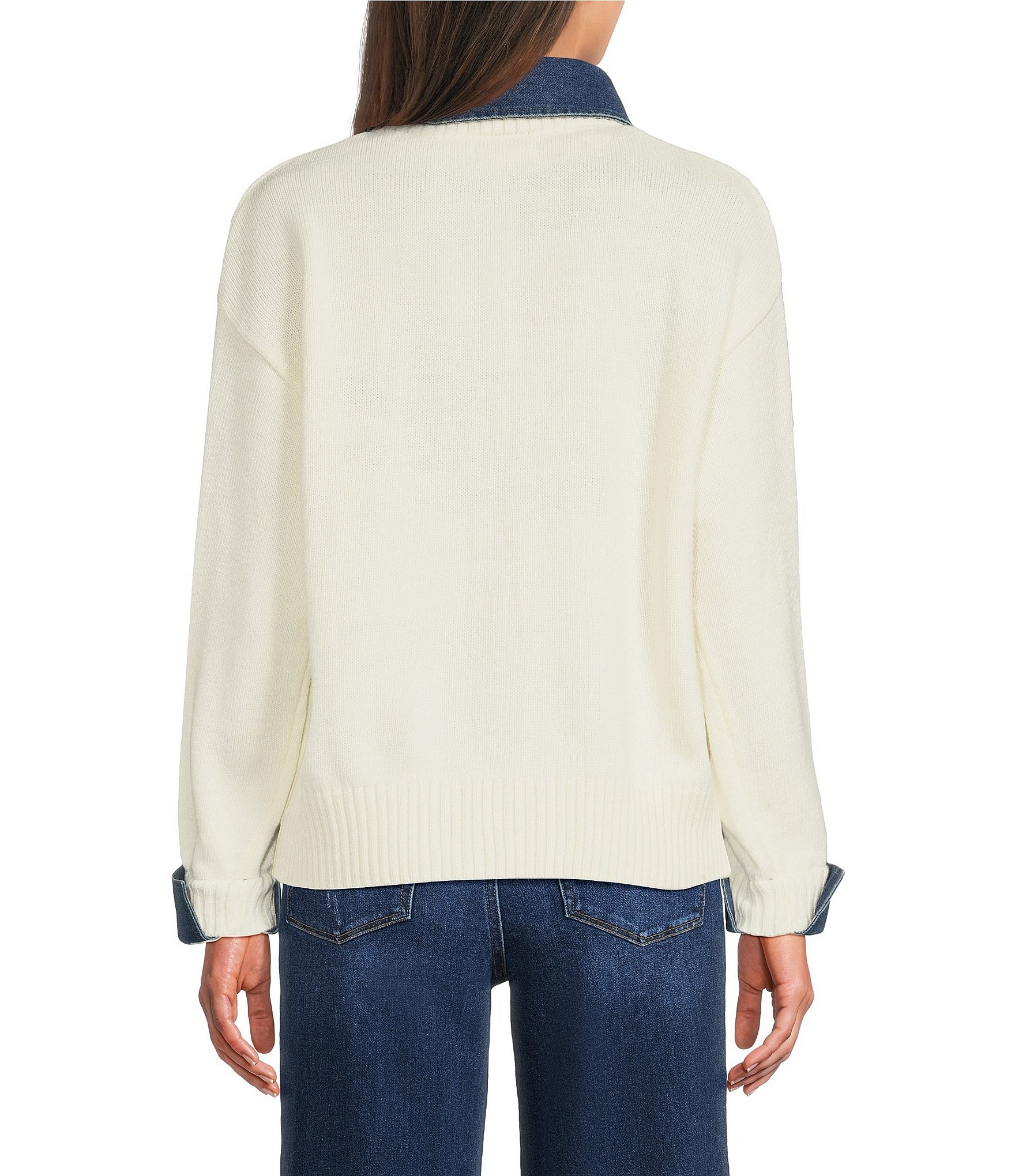 Elan Knit Long Sleeve Denim Collared Top