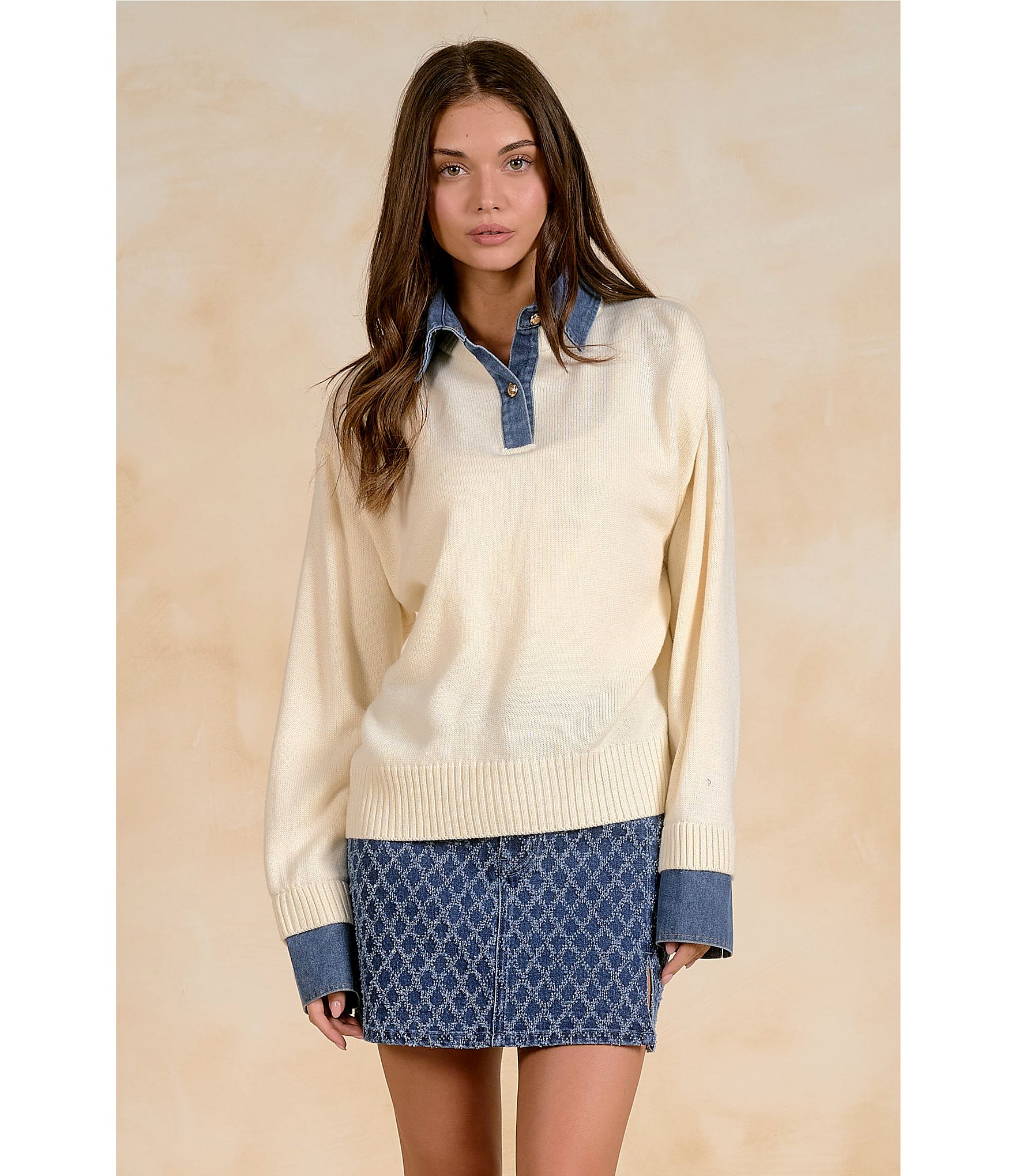 Elan Knit Long Sleeve Denim Collared Top