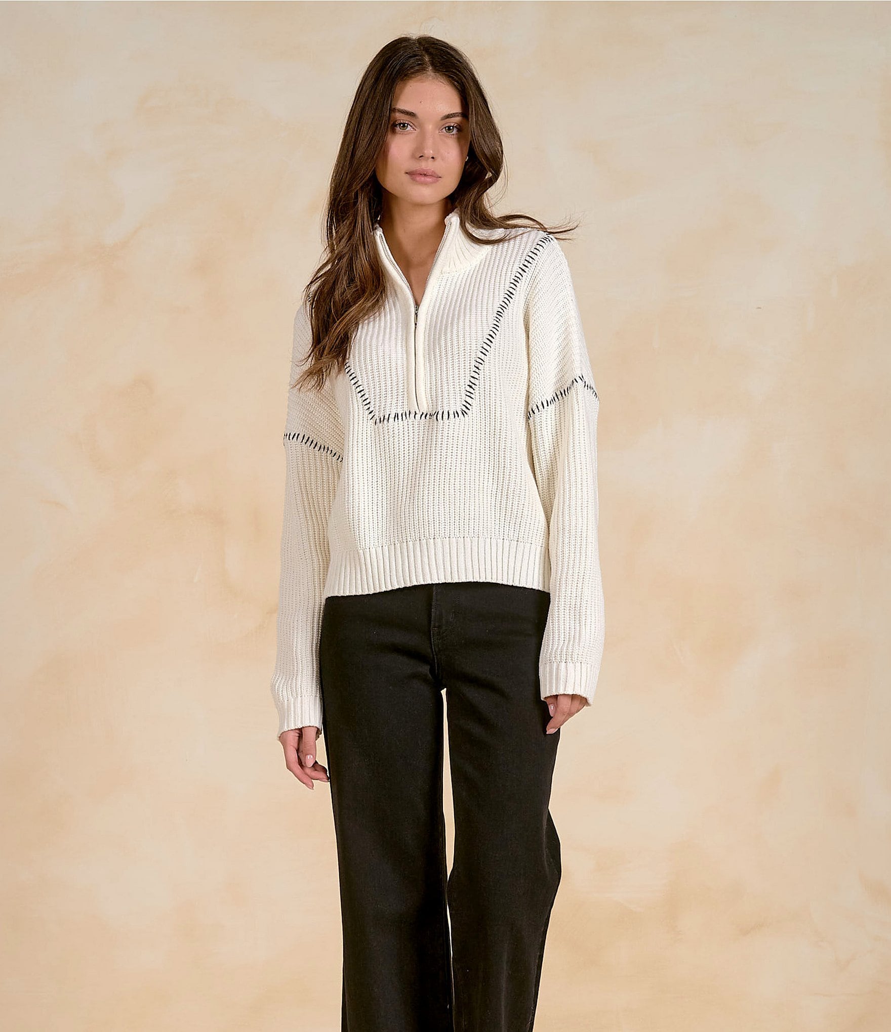 Elan Knit Long Sleeve Funnel Neck Zip Front