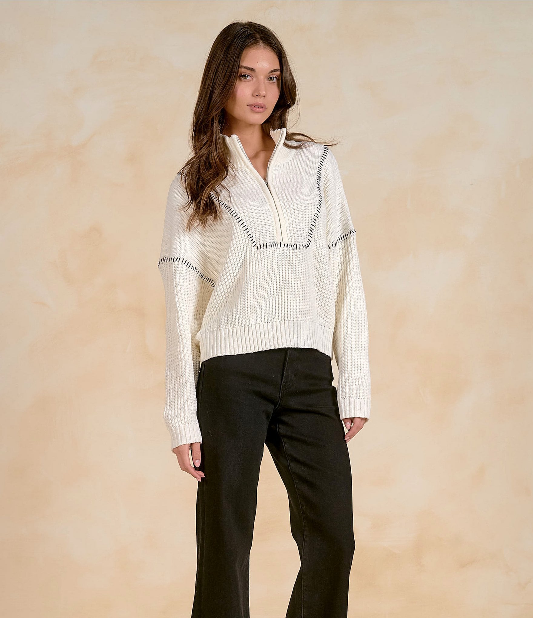 Elan Knit Long Sleeve Funnel Neck Zip Front