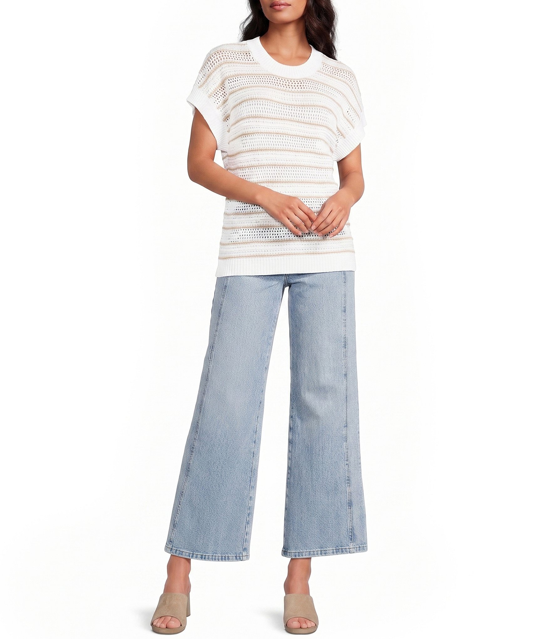 ELAN Knit Stripe Crew Neck Short Sleeve Top