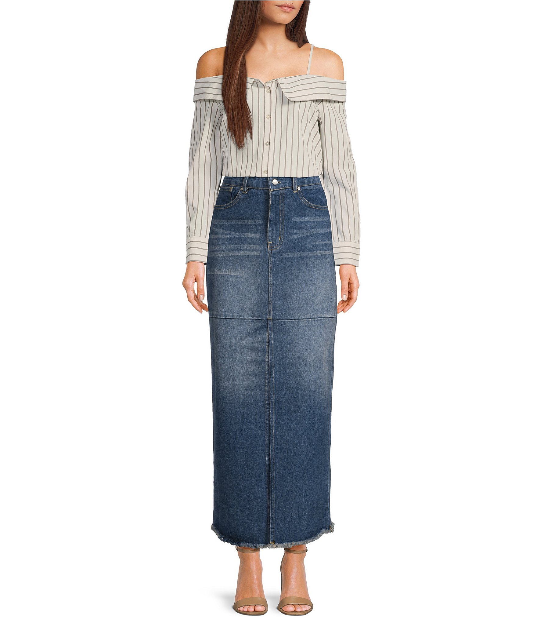 ELAN Maxi Slit Front Denim Maxi Skirt