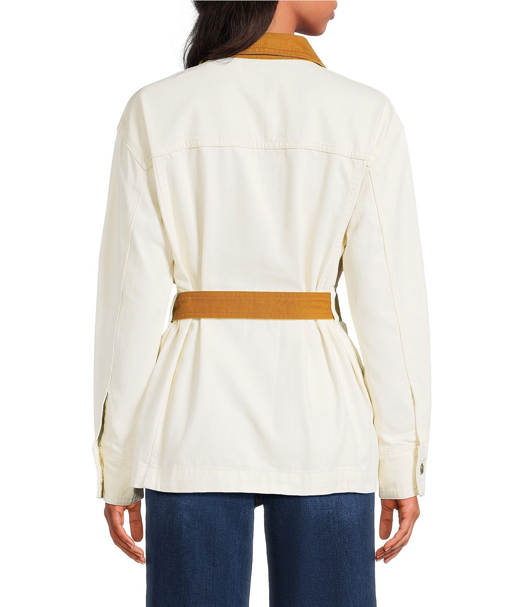 Elan Point Collar Long Sleeve Contrasting Button Front Self-Tie Jacket