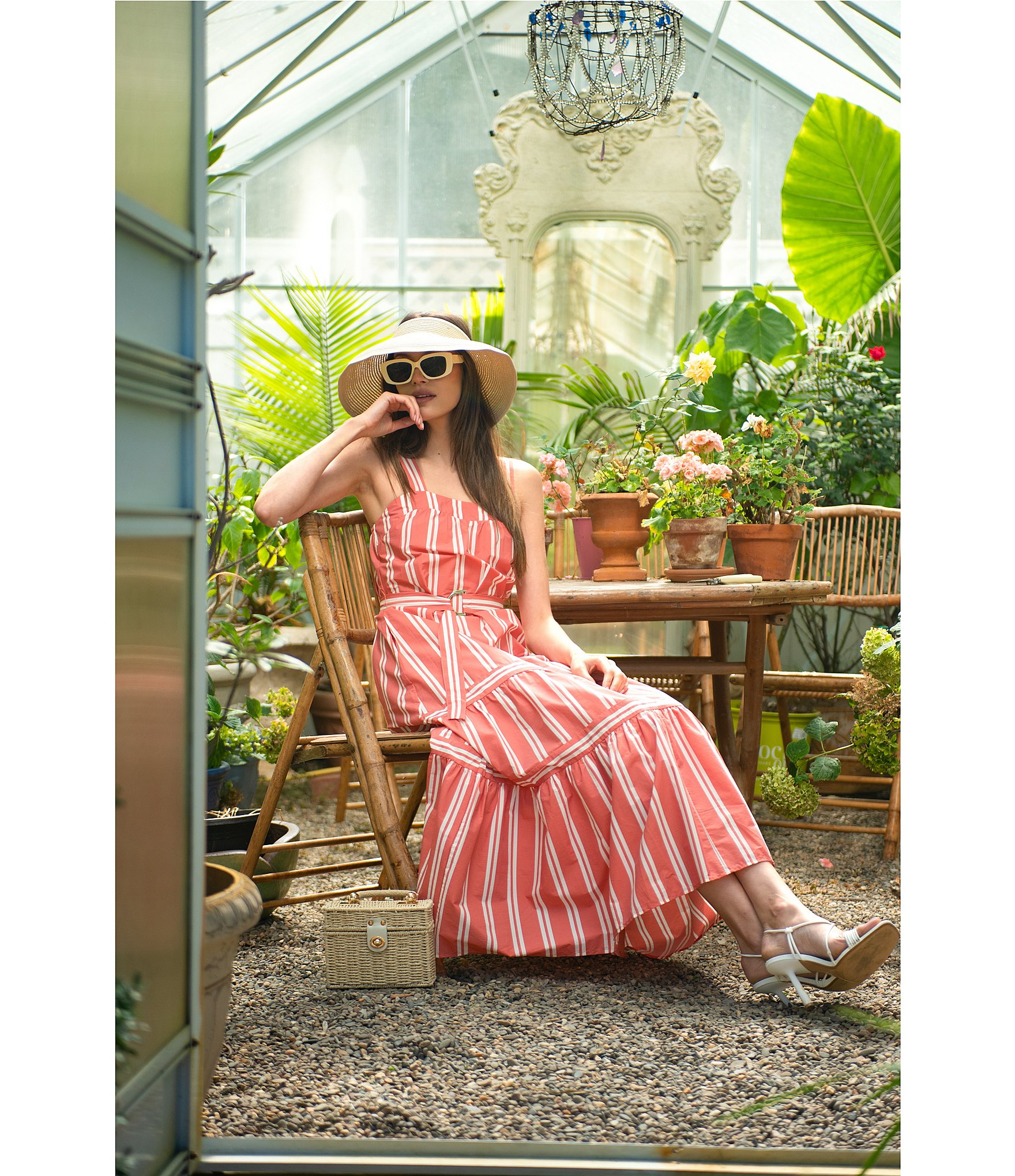 ELAN Stripe Cotton Blend Square Neck Sleeveless Belted Maxi Dress