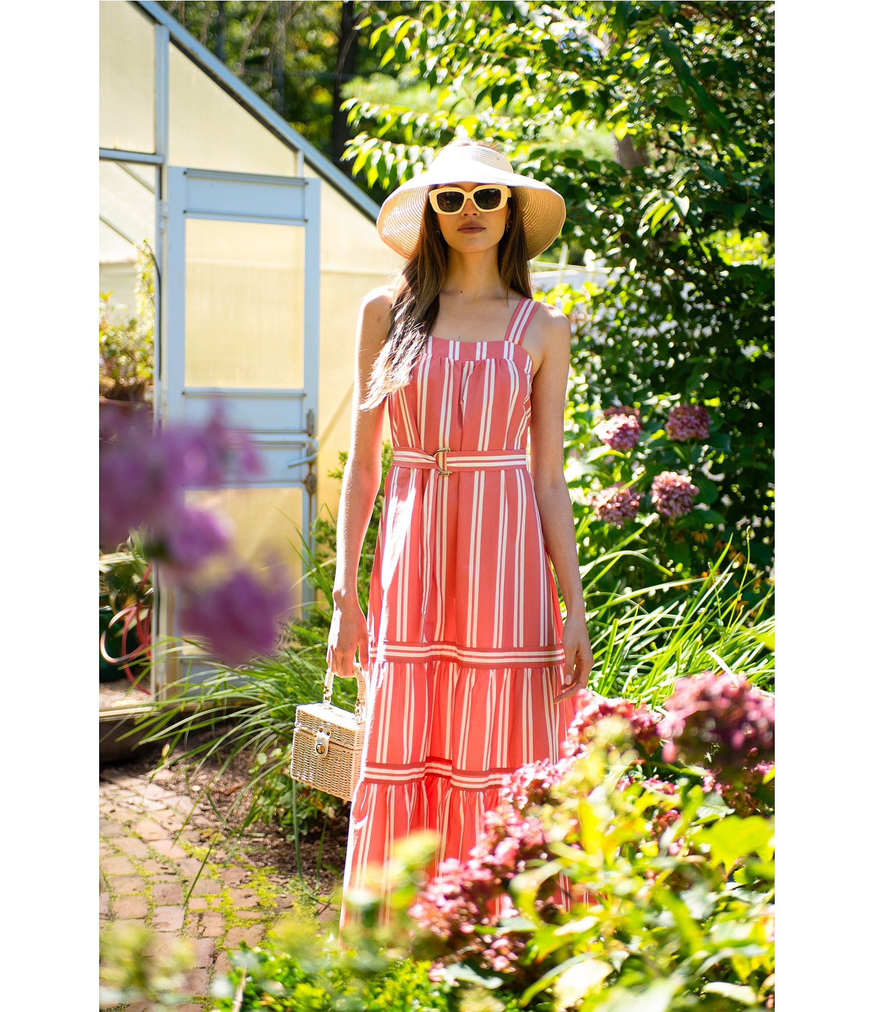 ELAN Stripe Cotton Blend Square Neck Sleeveless Belted Maxi Dress