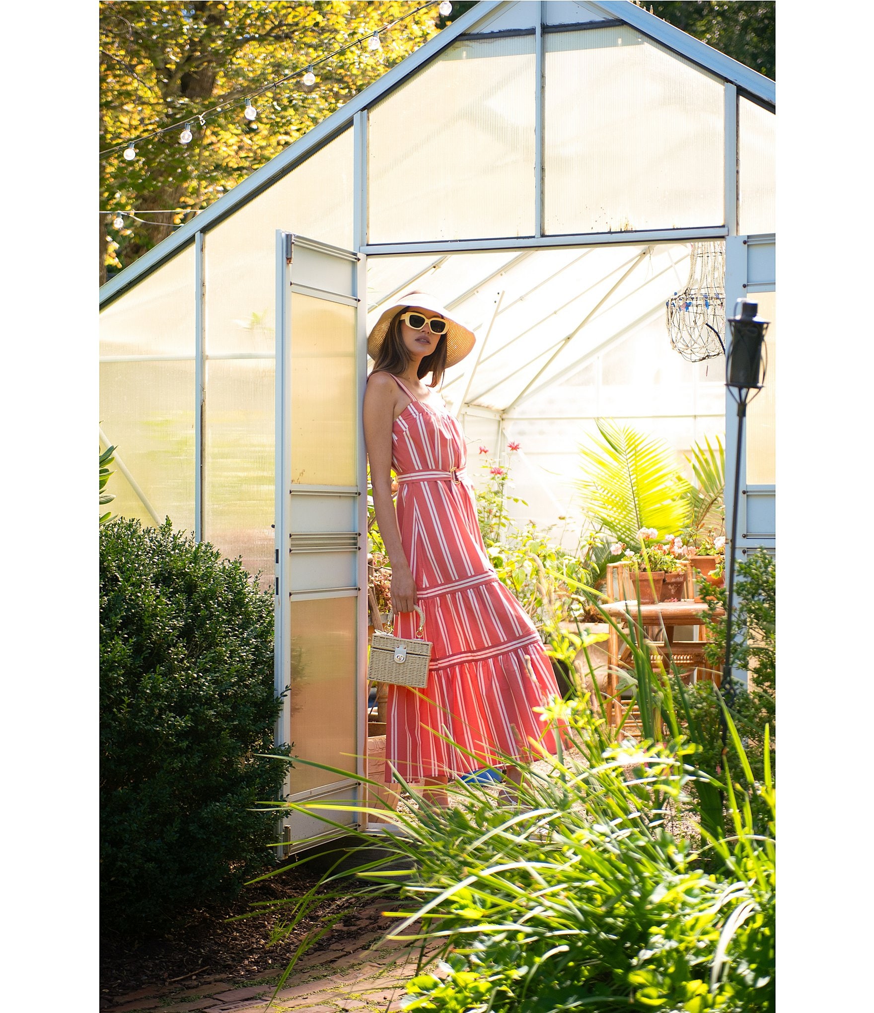 ELAN Stripe Cotton Blend Square Neck Sleeveless Belted Maxi Dress