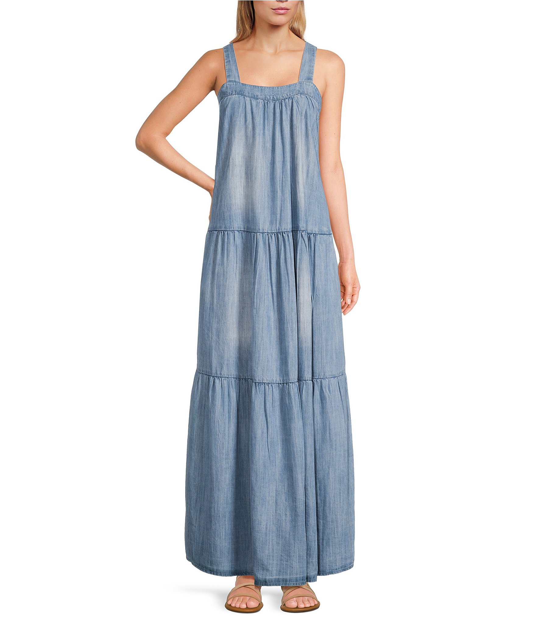 ELAN Tiered Denim Square Neck Sleeveless Maxi Dress Dillard s