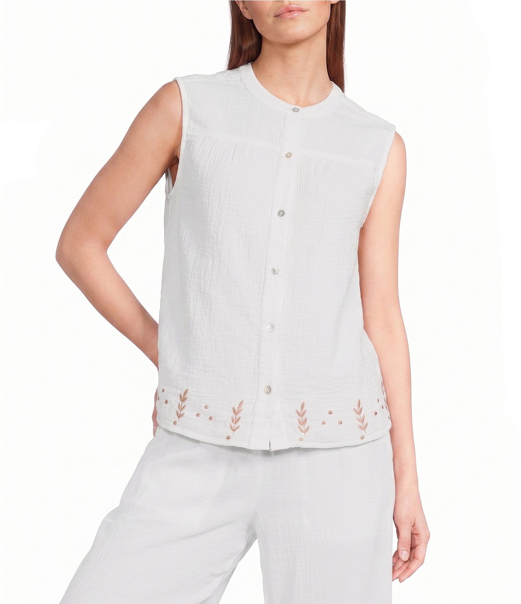 Elan Woven Crew Neck Sleeveless Button Front Coordinating Top