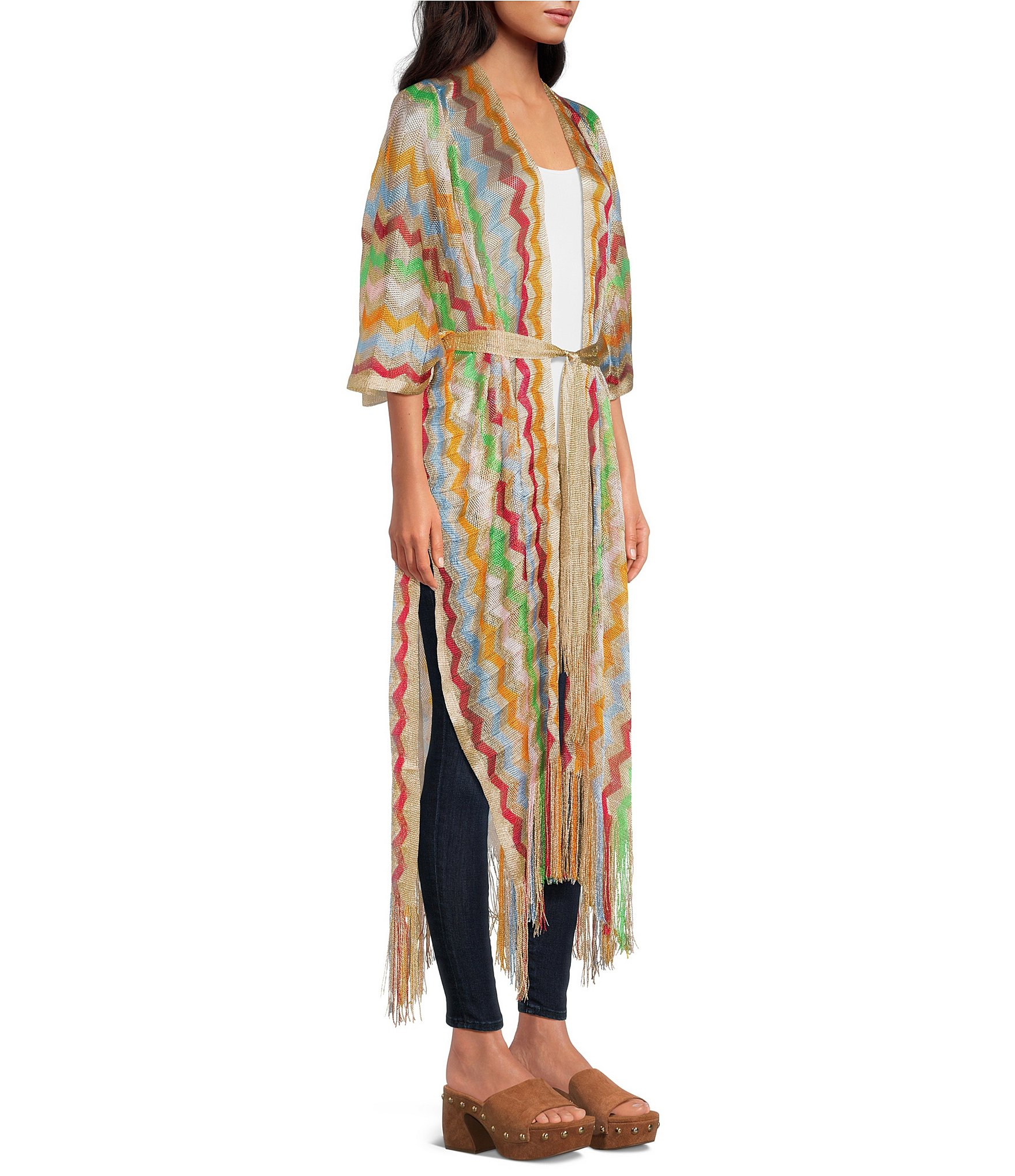 ELAN Zig Zag Knit Drop Sleeve Tie Waist Duster