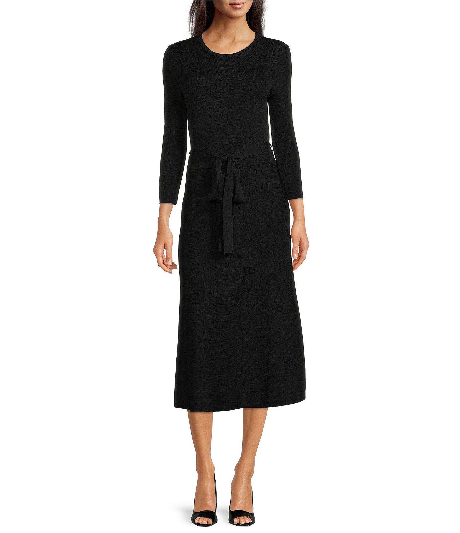 Eliza J 3/4 Sleeve Tie Waist Sweater Knit A-Line Midi Dress | Dillard's