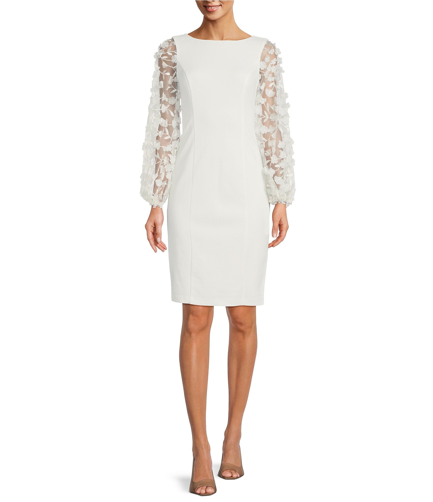 Eliza J 3D Fleurette Round Neck Balloon Long Mesh Floral Applique Sleeve Stretch Crepe Sheath Dress Dillard s