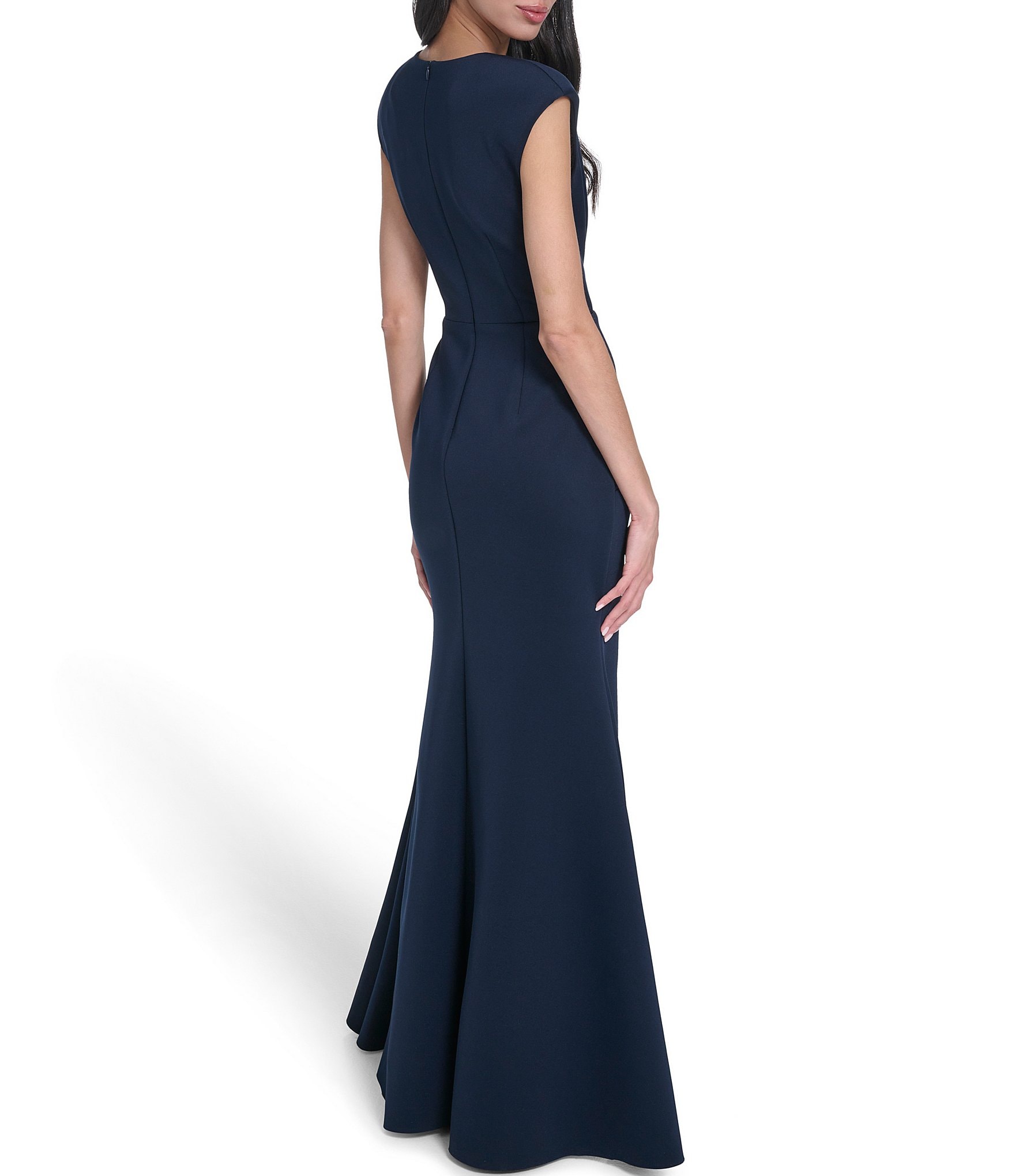 Eliza J Cap Sleeve V-Neck Front Drape Gown
