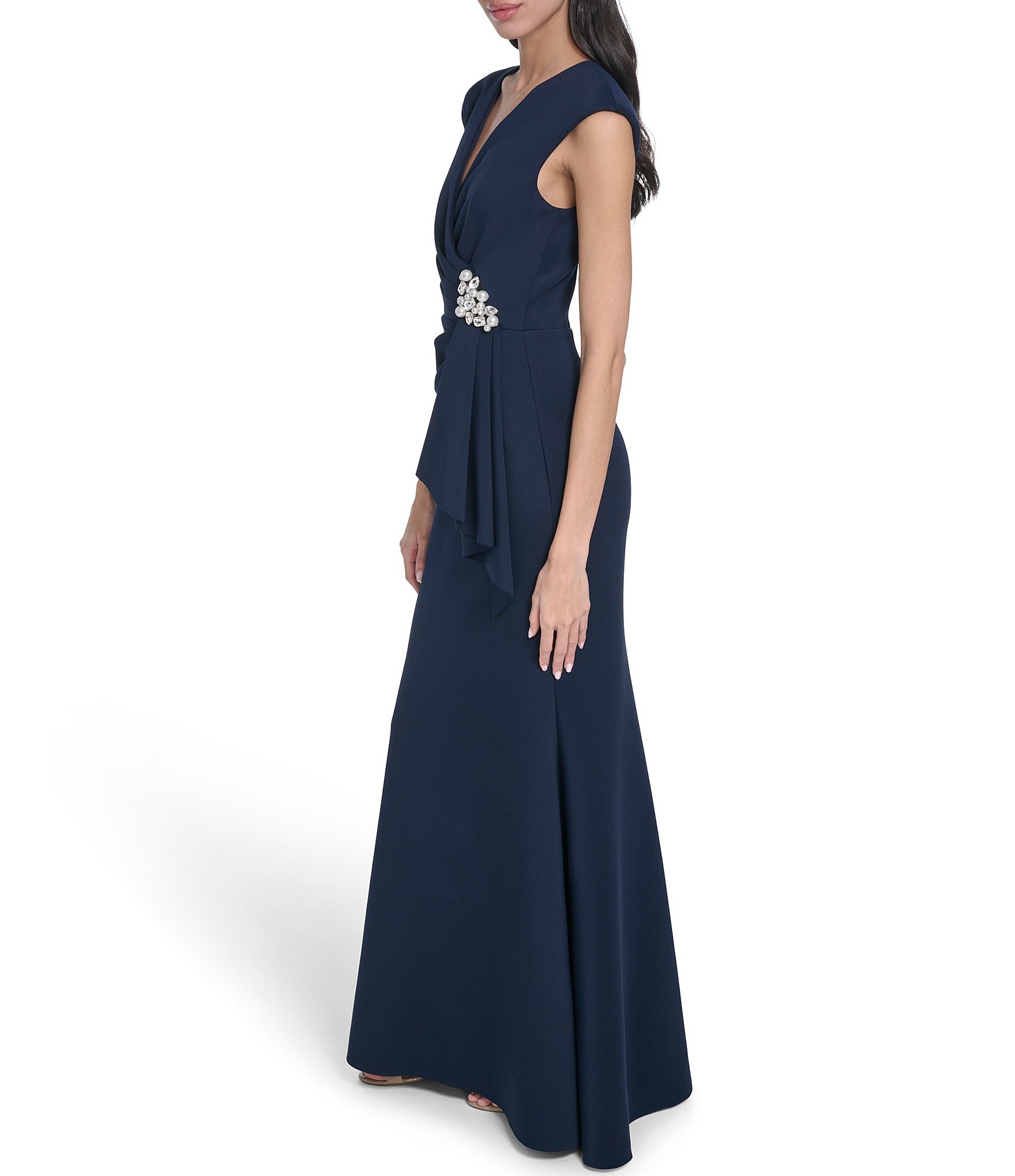 Eliza J Cap Sleeve V-Neck Front Drape Gown