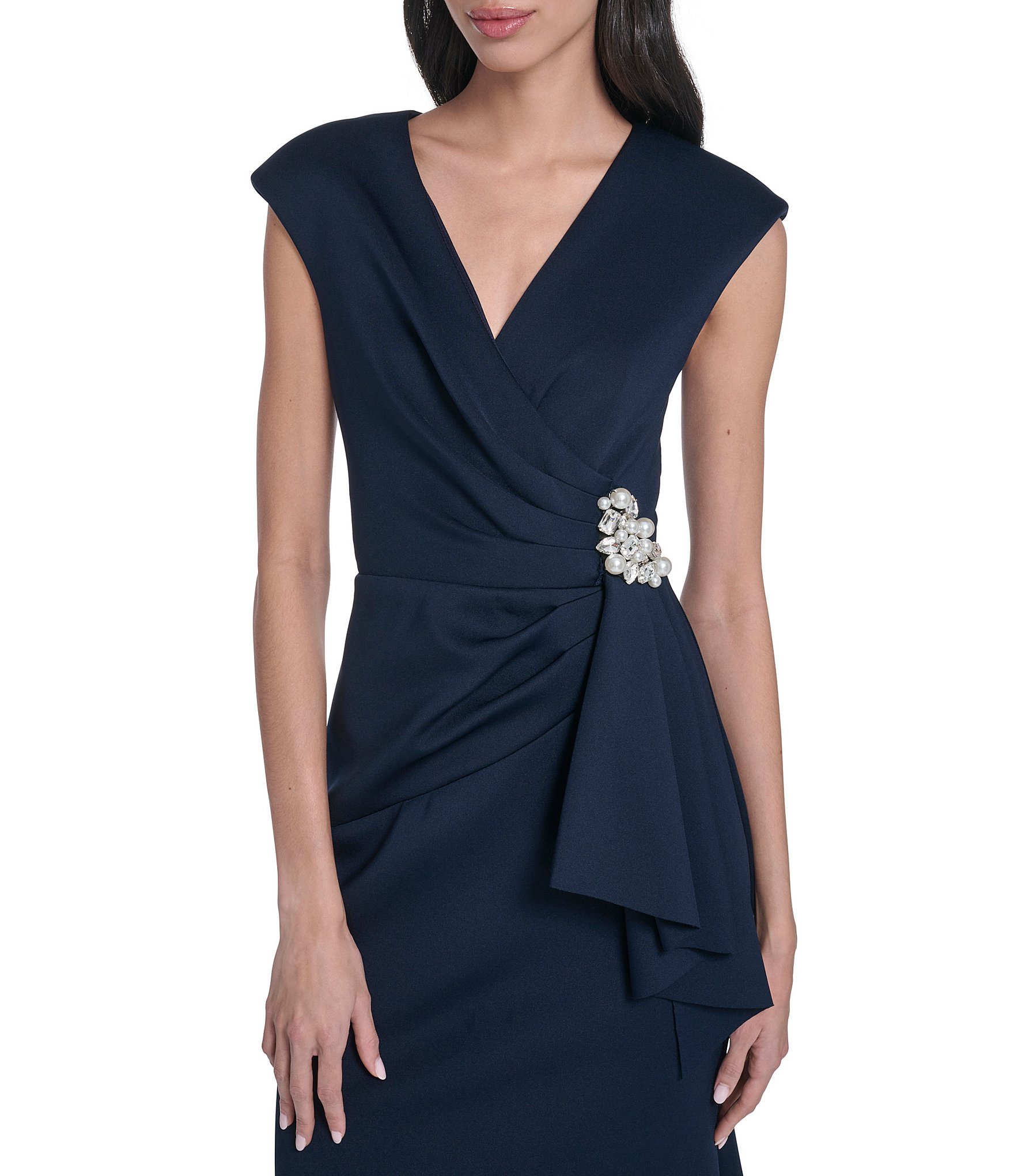 Eliza J Cap Sleeve V-Neck Front Drape Gown