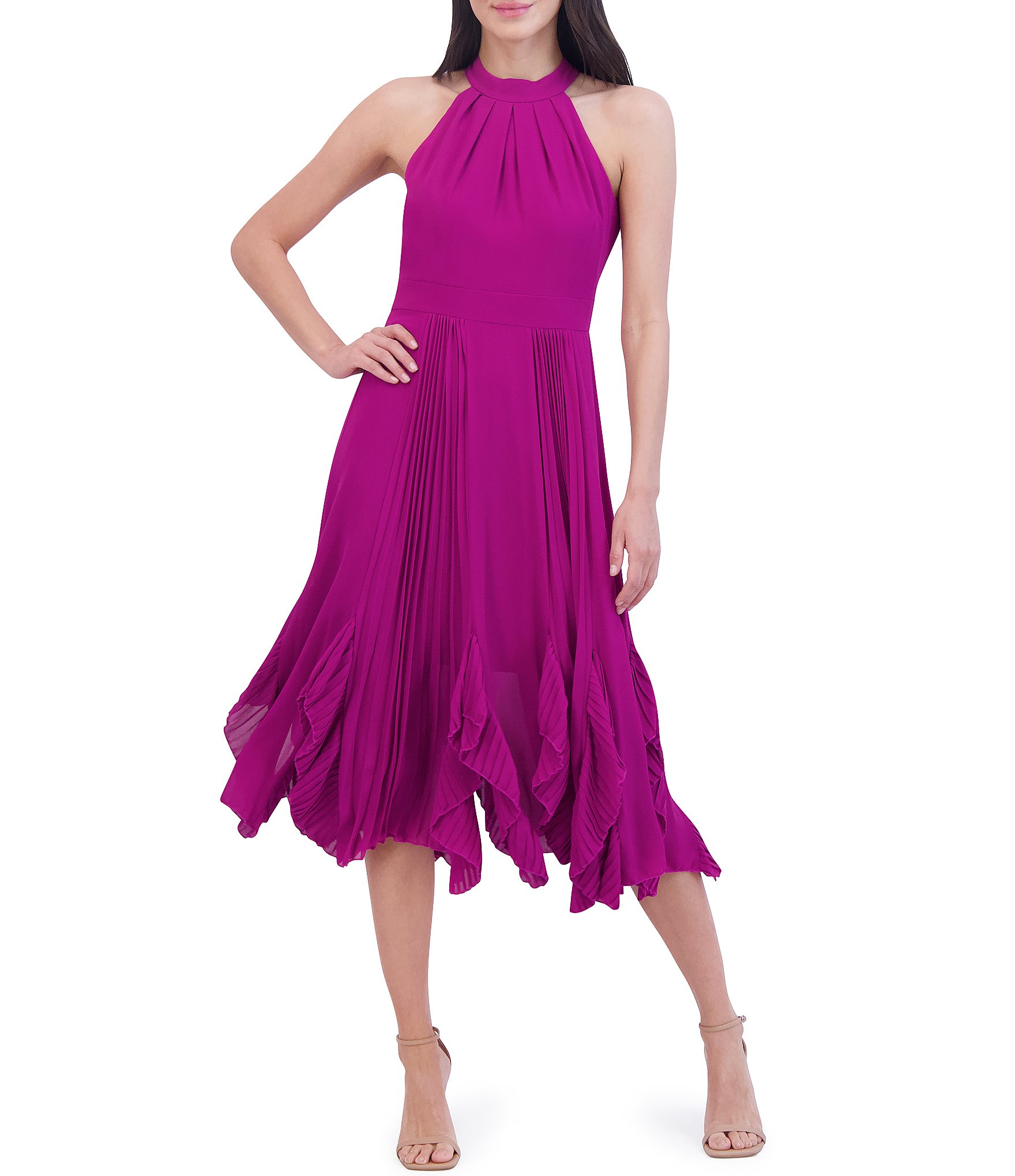 Eliza J Chiffon Halter Neck Sleeveless Pleated Ruffle Midi Dress