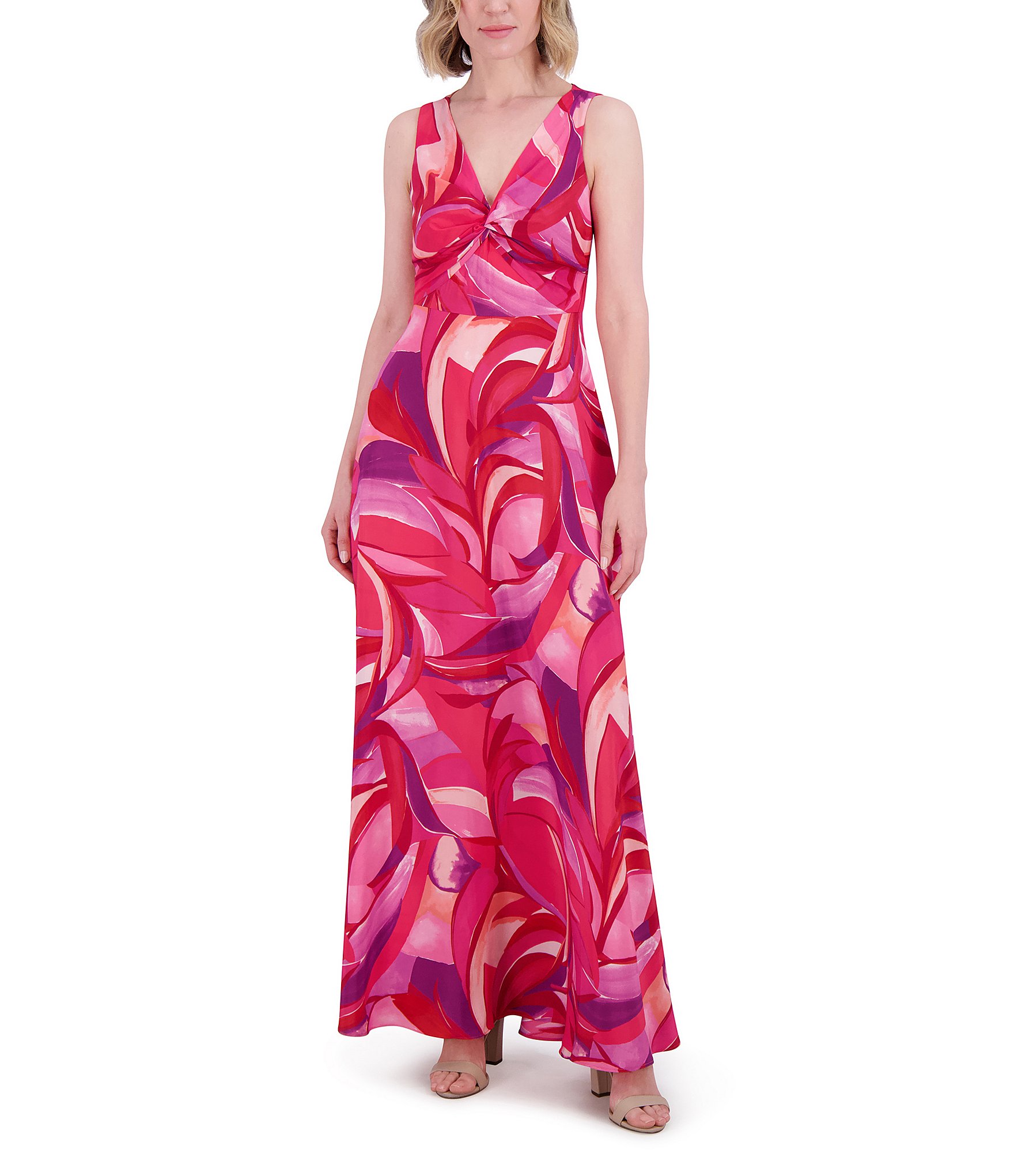 Eliza J Crepe Swirl Print V Neck Sleeveless Sheath Maxi Eliza J Crepe Swirl Print V Neck Sleeveless Sheath Maxi