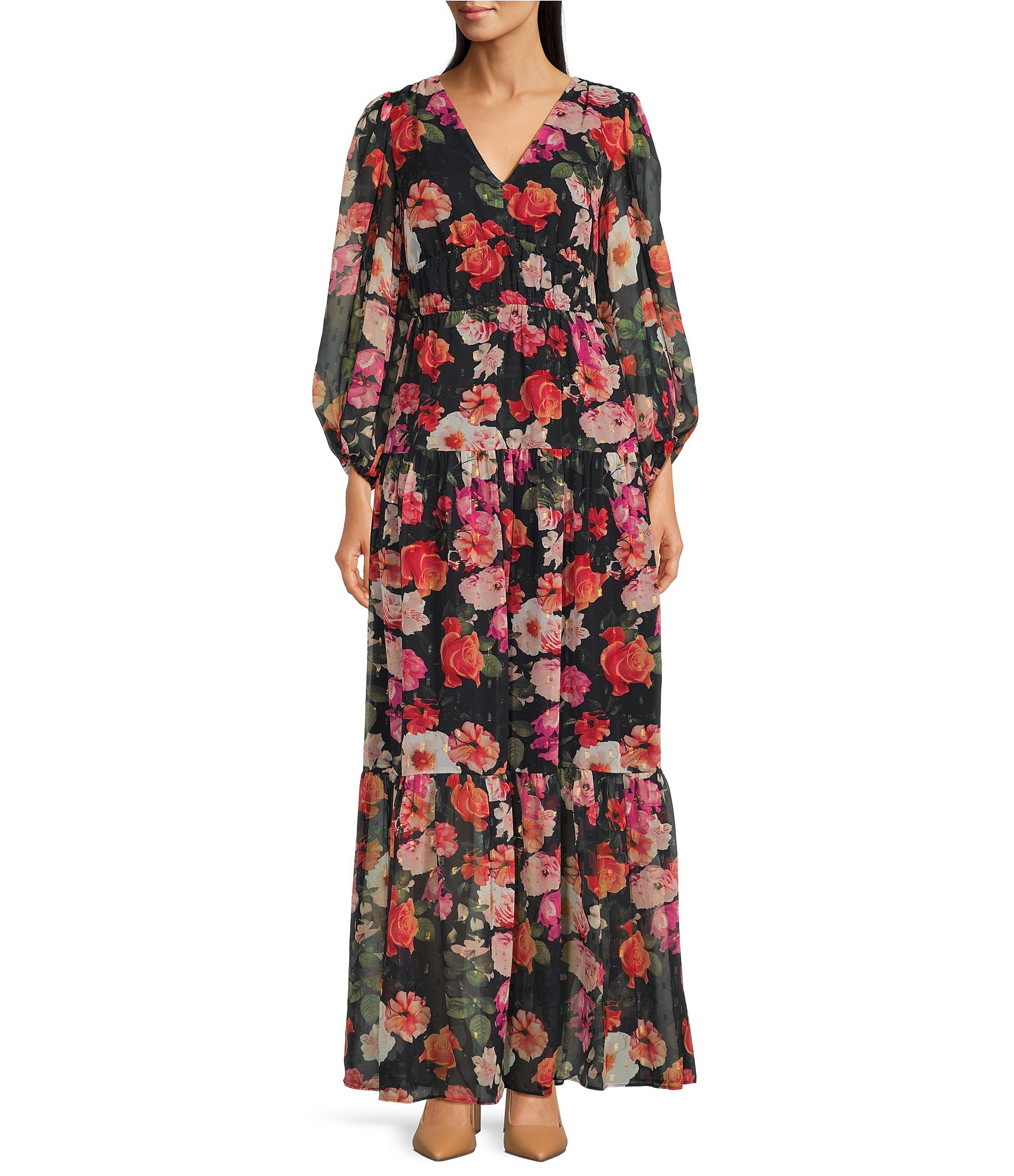 Eliza J Floral Chiffon V-Neck 3/4 Sleeve Tiered Maxi Dress | Dillard's