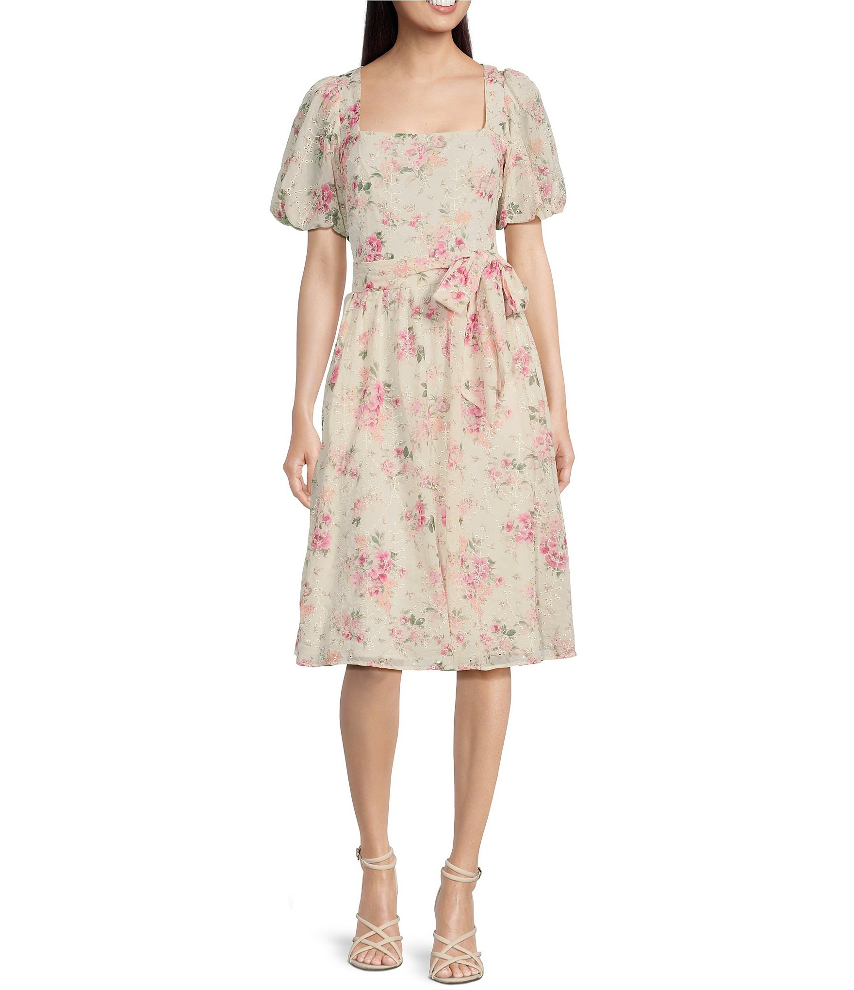 Eliza J Floral Print Square Neck Short Puffed Sleeve A-Line Midi Dress ...
