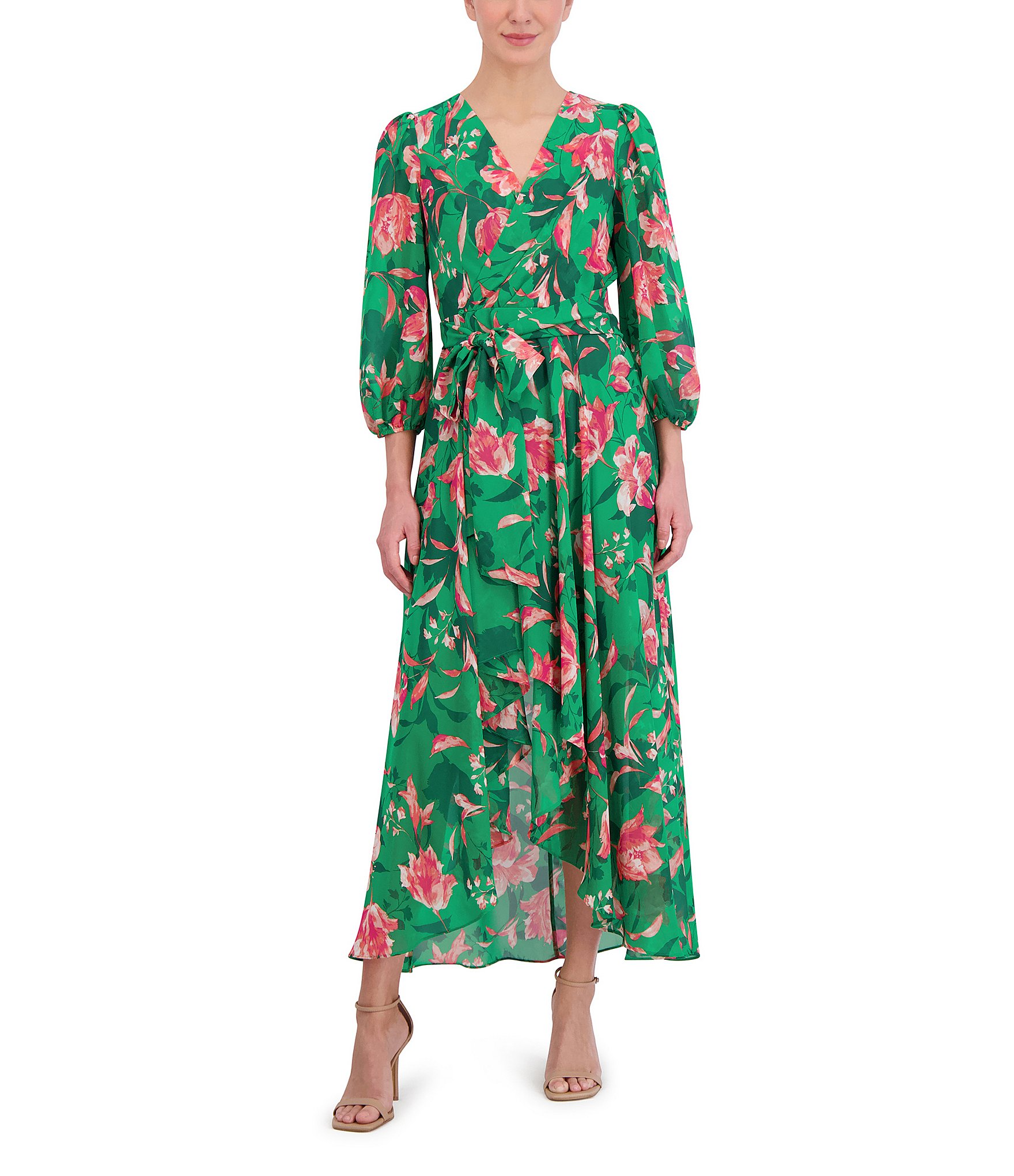 Eliza J Floral Surplice V-Neck 3/4 Sleeve Faux Wrap Midi Dress | Dillard's