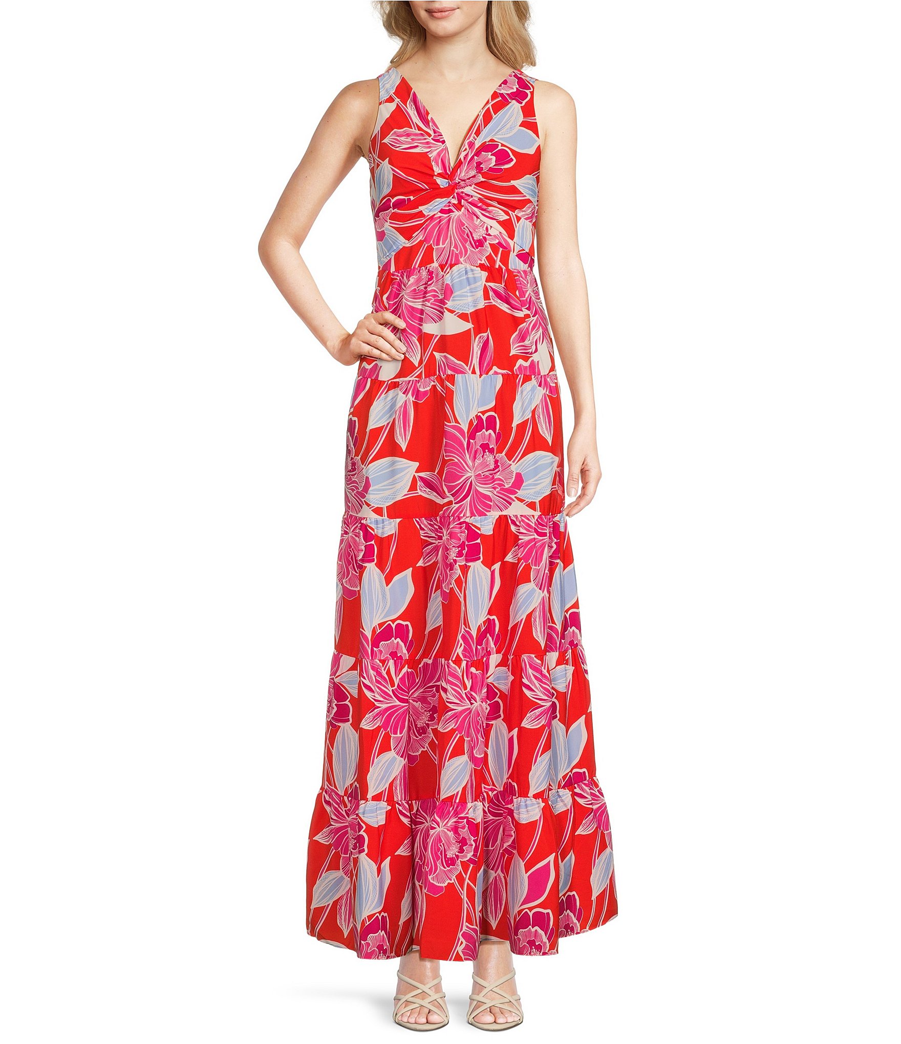 Eliza J Floral V Neckline Sleeveless Twist Front Tiered Maxi Dress Dillards 