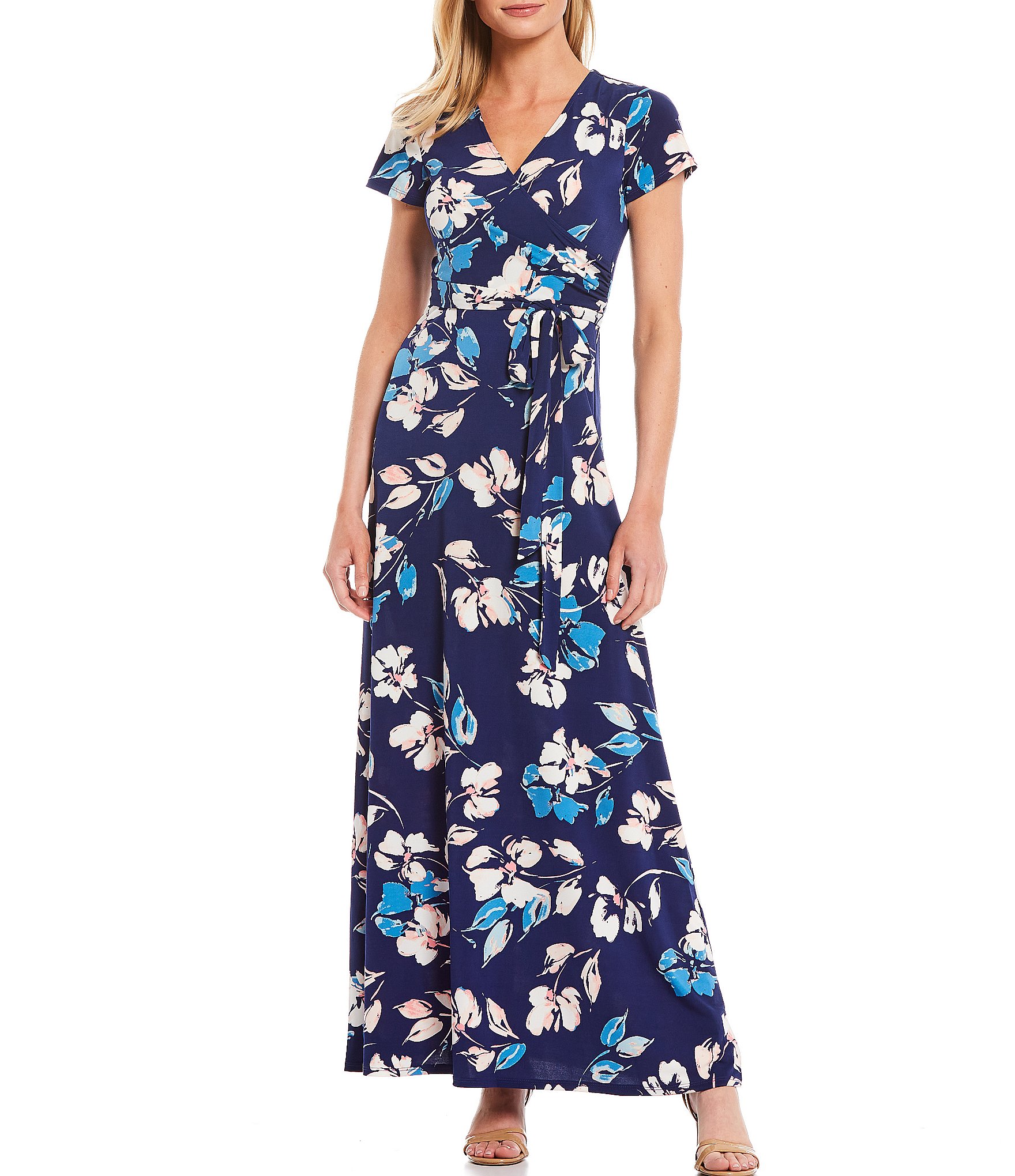 Eliza J Floral Print Faux Wrap Surplice V-Neck Short Sleeve Tie Waist  Stretch Jersey Maxi Dress | Dillard's