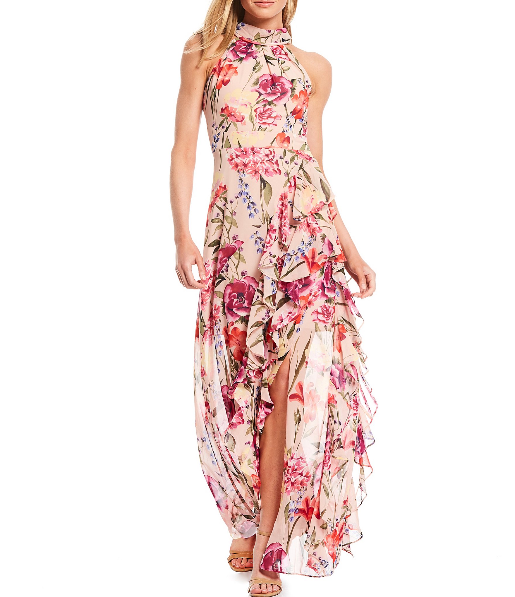 Eliza J Halter Neck Floral Print Chiffon Sleeveless Side Slit Cascade Ruffle Maxi Dress Dillard S
