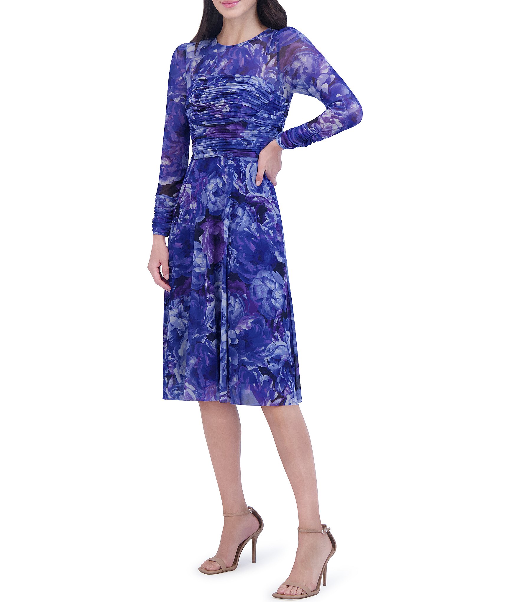 Eliza J Illusion Floral Mesh Illusion Round Neck Long Sleeve Ruched Midi Dress