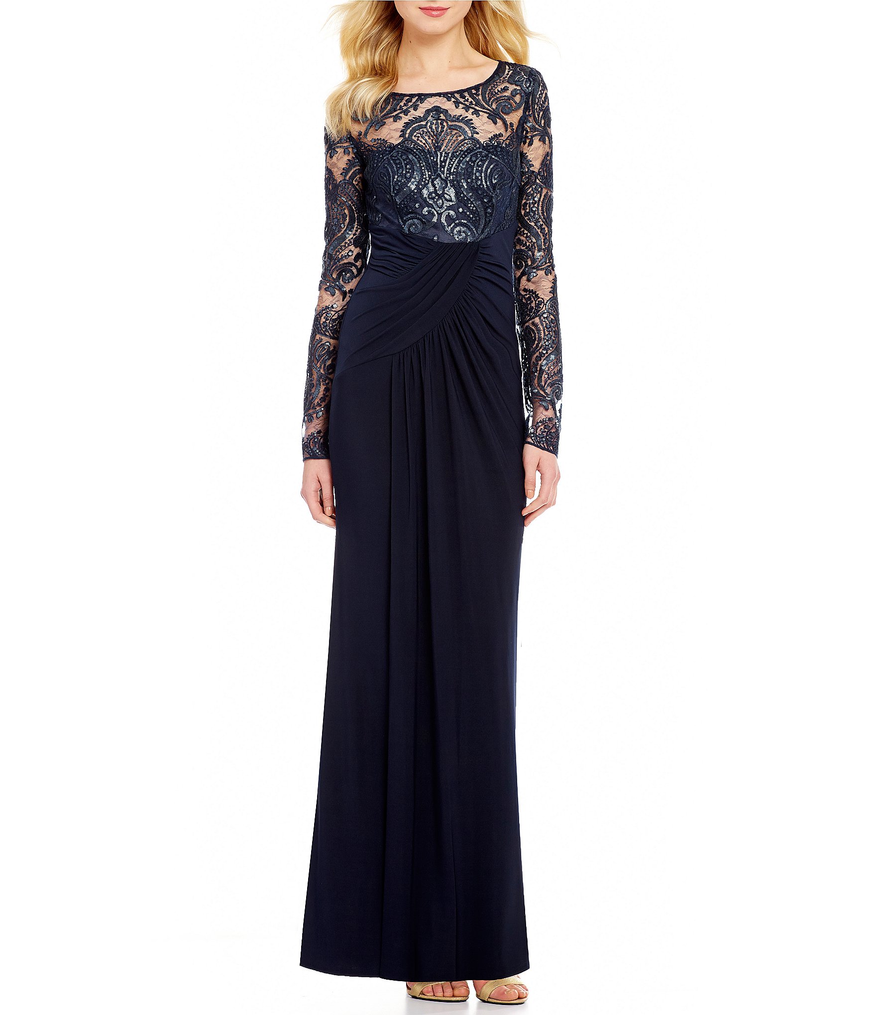 sequin wrap front long sleeve gown eliza j