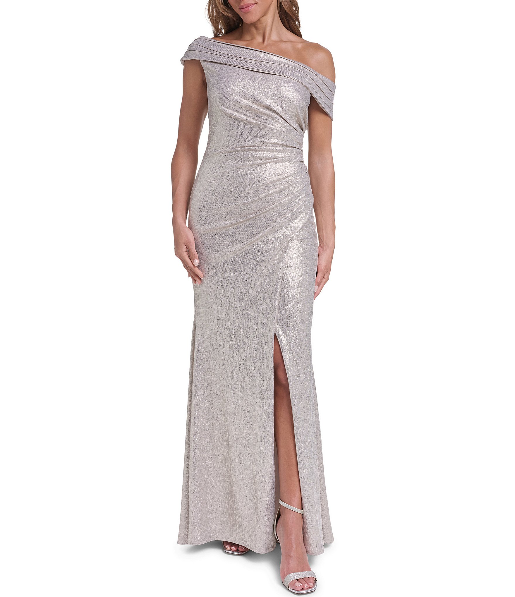 Eliza J Off the Shoulder Foil Knit Column Gown