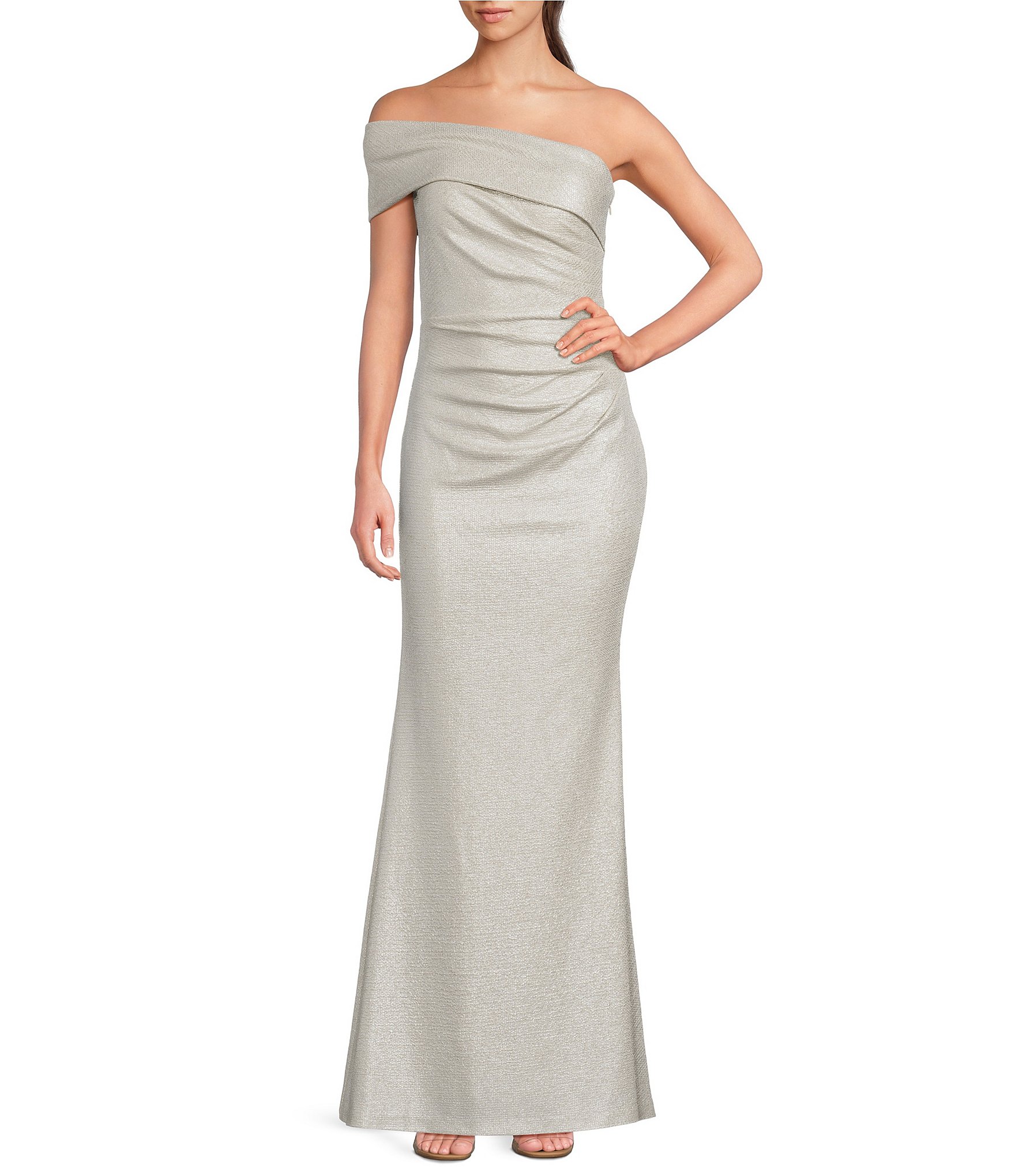 Eliza J Off-the-Shoulder Short Sleeve Side Ruched Foiled Knit Sheath Gown