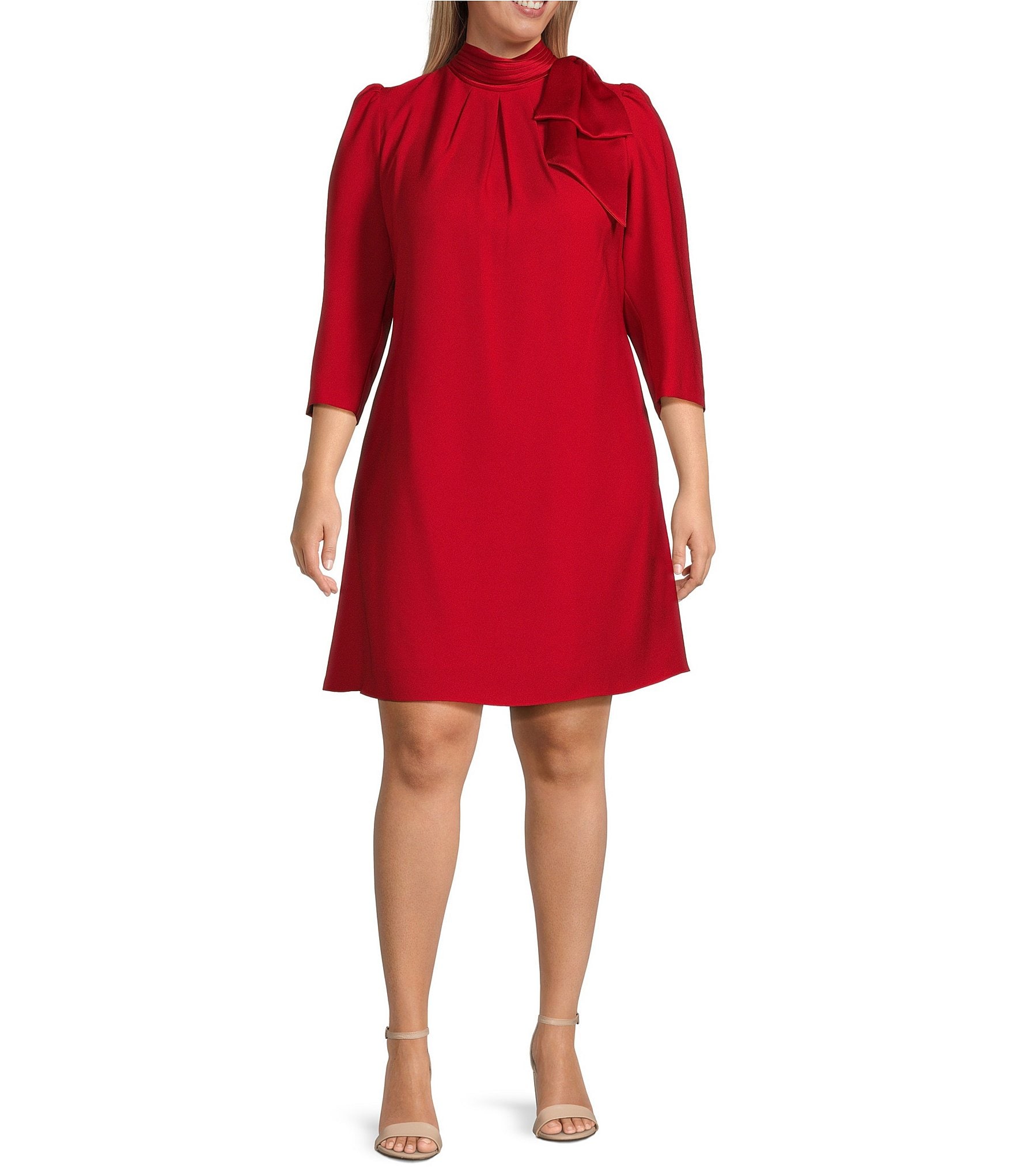 Eliza J Plus Size Mock Neck Bow Detail 3/4 Sleeve Shift Dress
