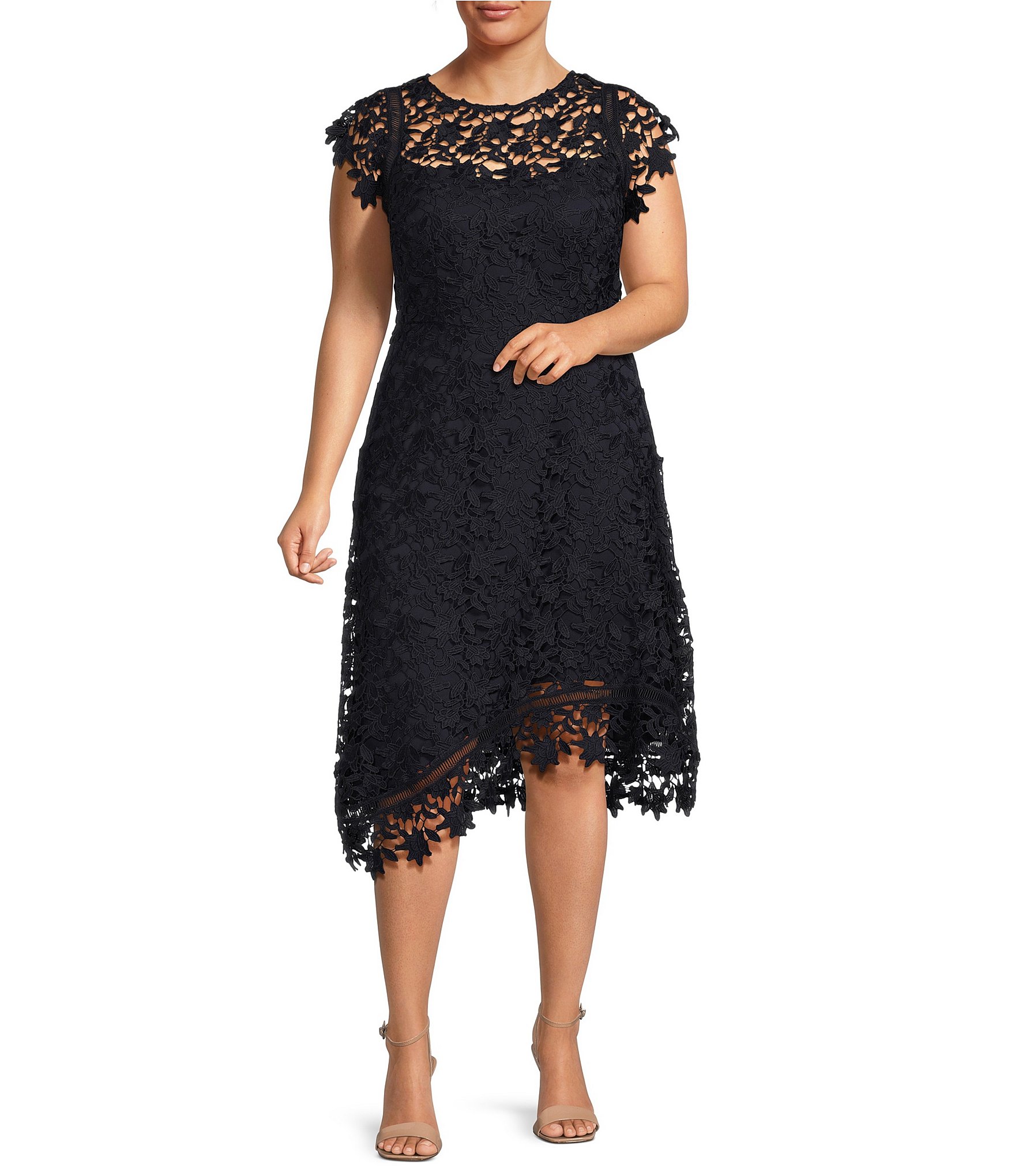 Eliza J Plus Size Short Sleeve Round Neck Asymmetrical Hem Lace Midi Dress  | Dillard's