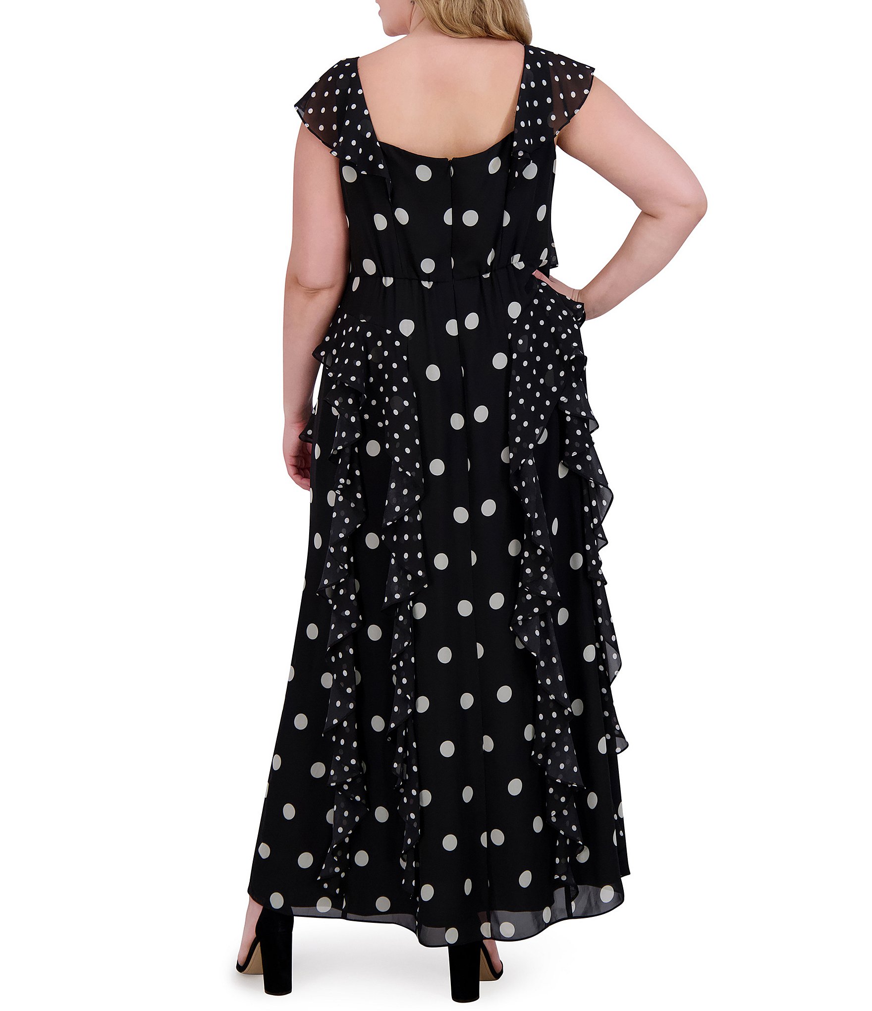 Eliza J Plus Size V Neck Flutter Sleeve Polka Dot Asymmetrical Ruffle Gown