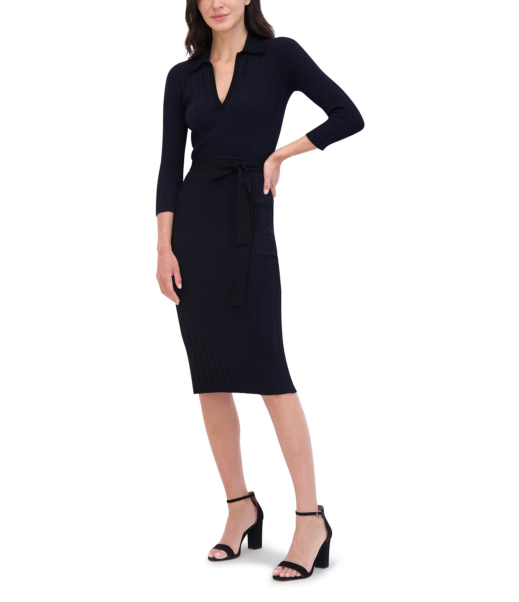 Eliza J Ribbed Split V Collar Neck Long Sleeve Tie Waist Midi Dress