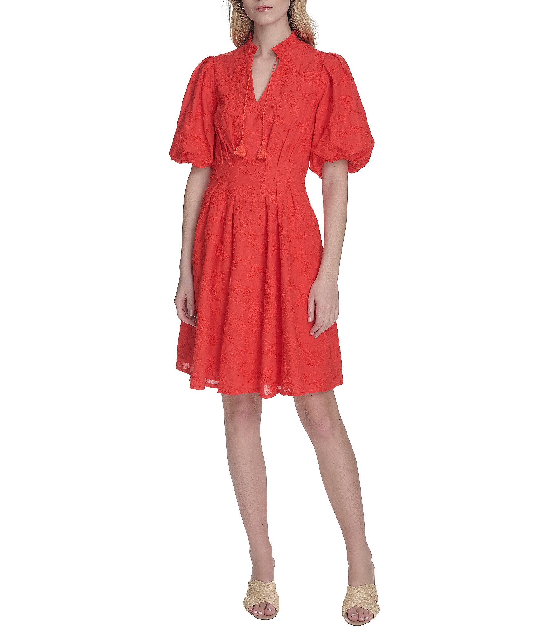 Eliza J Ruffle Stand Collar Short Puff Sleeve Emrboidered Eliza J Ruffle Stand Collar Short Puff Sleeve Emrboidered
