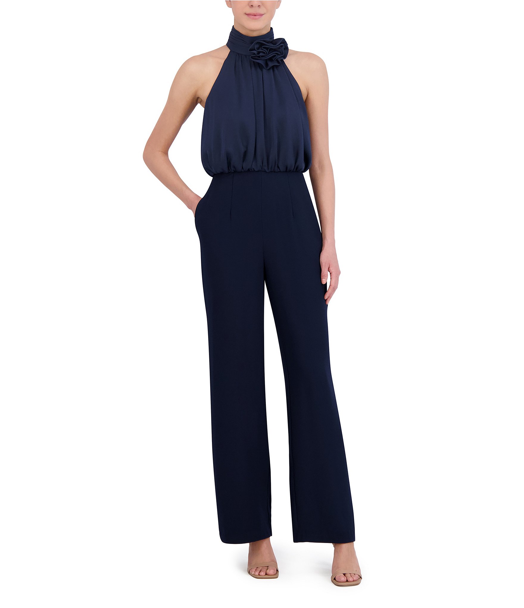 Eliza J Satin Rosette Embellished Mock Neck Sleeveless Blouson Jumpsuit ...