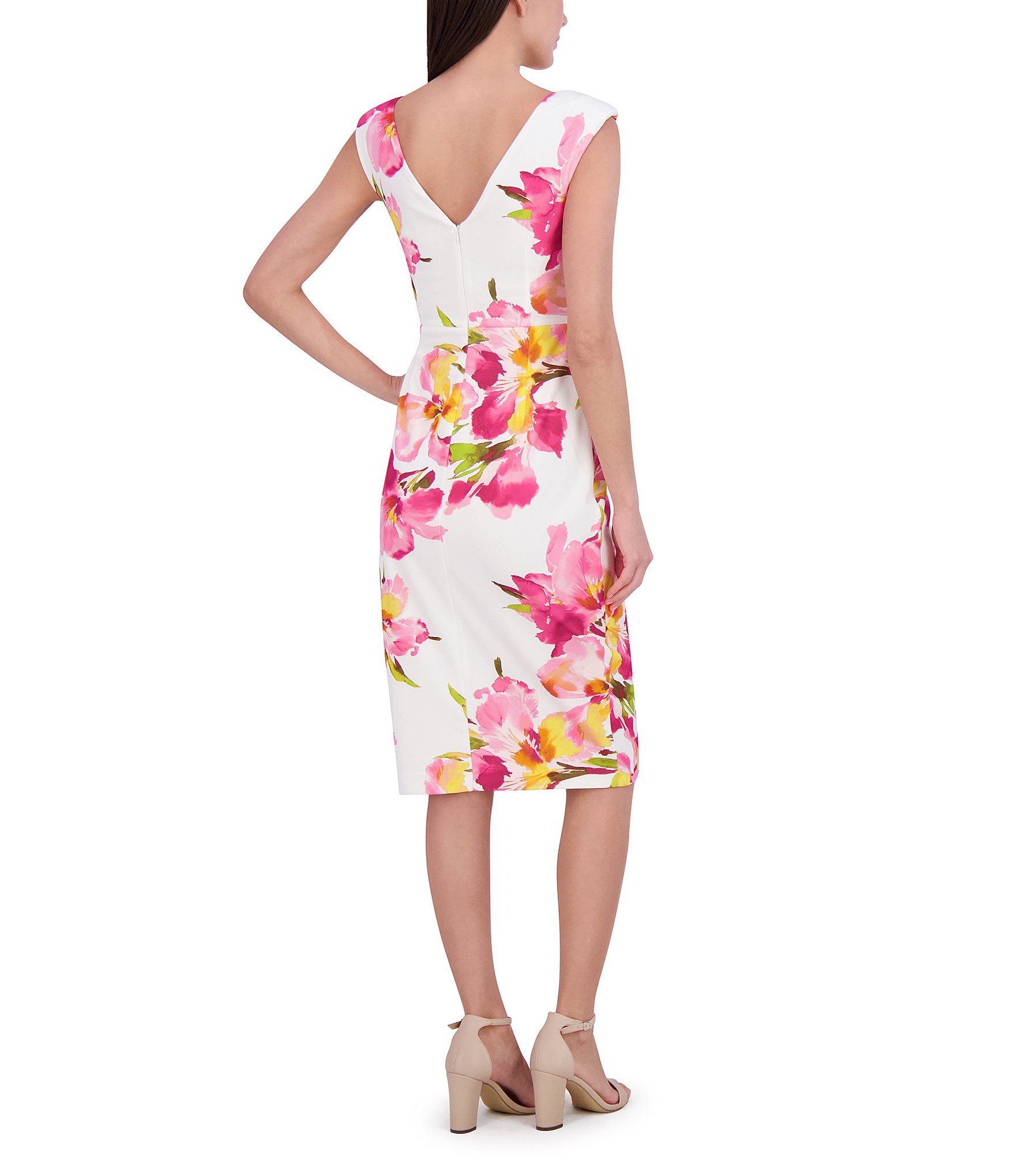 Eliza J Scuba Crepe Floral Print Boat Neck Cap Sleeve Sheath Midi Dress