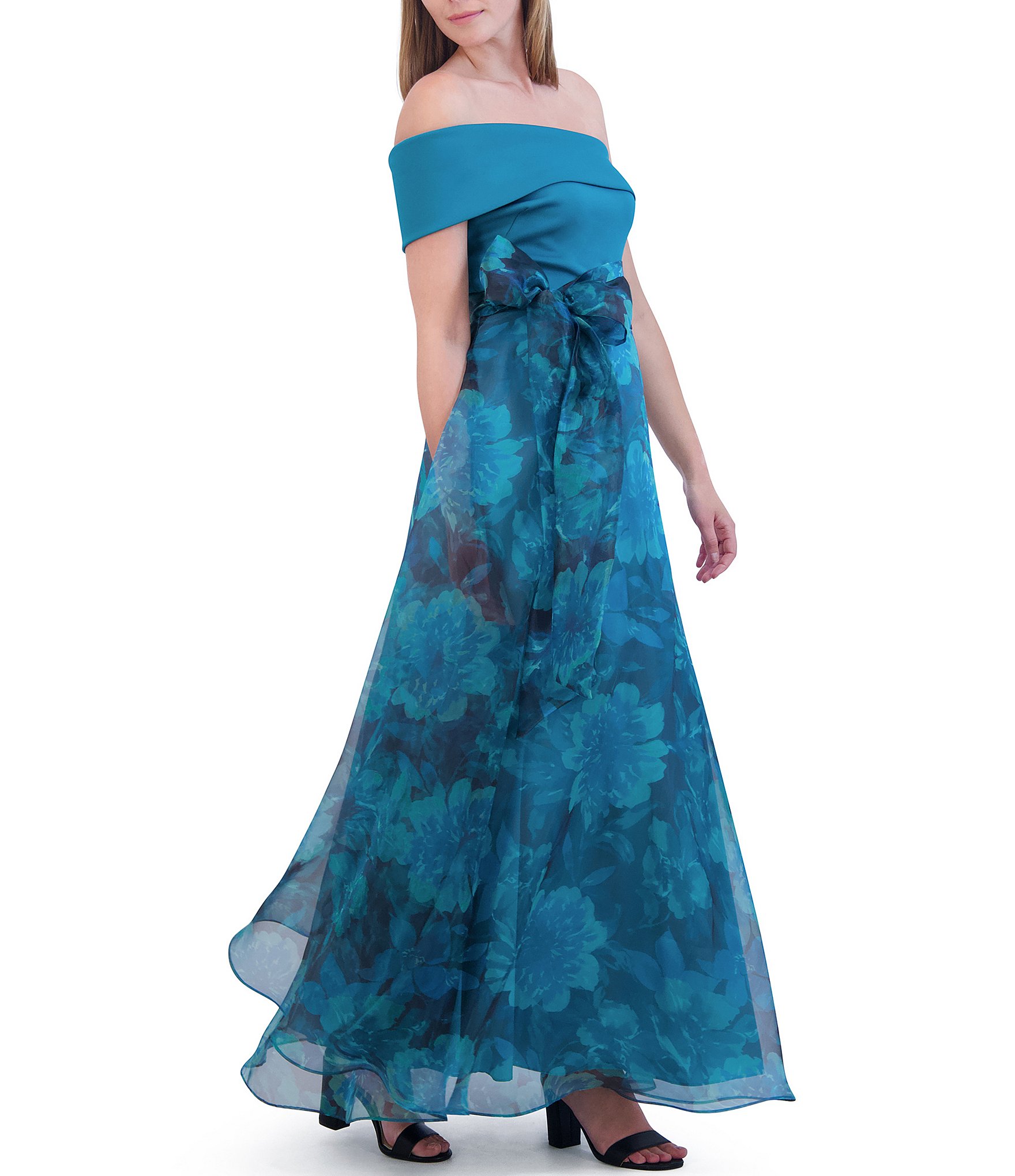 Eliza J Scuba Organza Floral Print Skirt One Shoulder Neckline Short Sleeve Tie Waist Bow Gown The Shops at Willow Bend