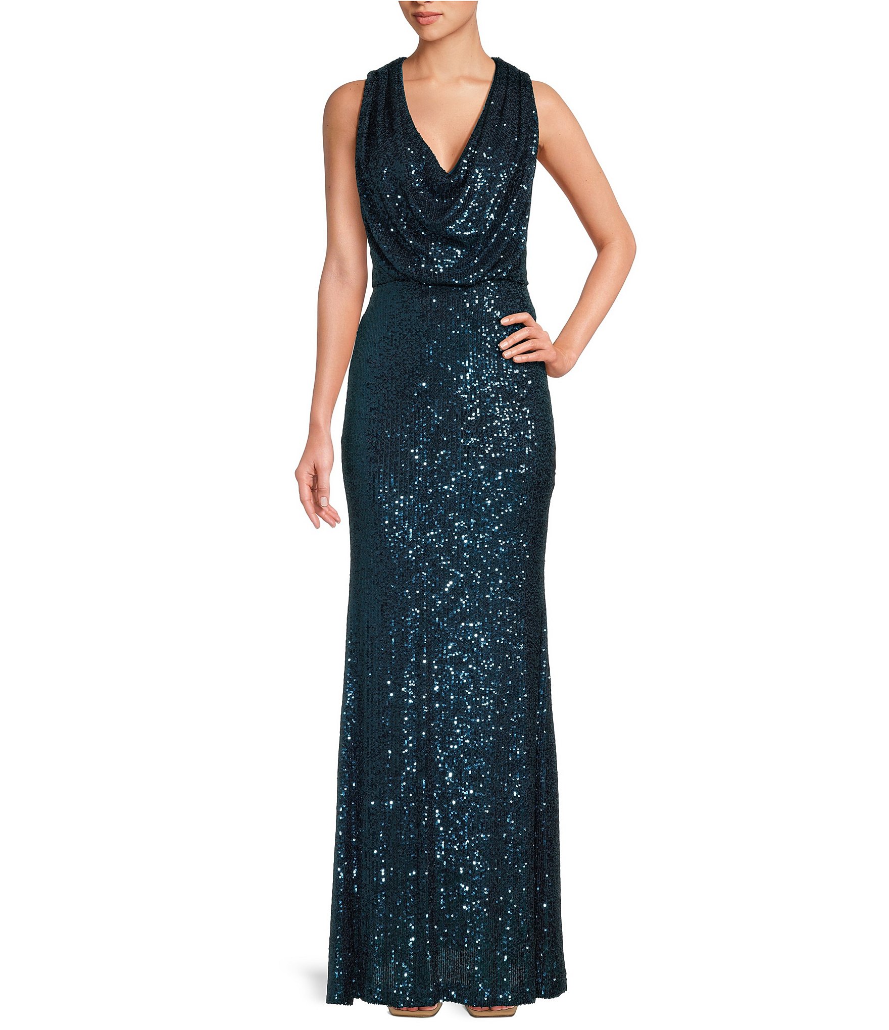 Eliza J Sequin Cowl Neck Sleeveless Blouson Gown Dillards