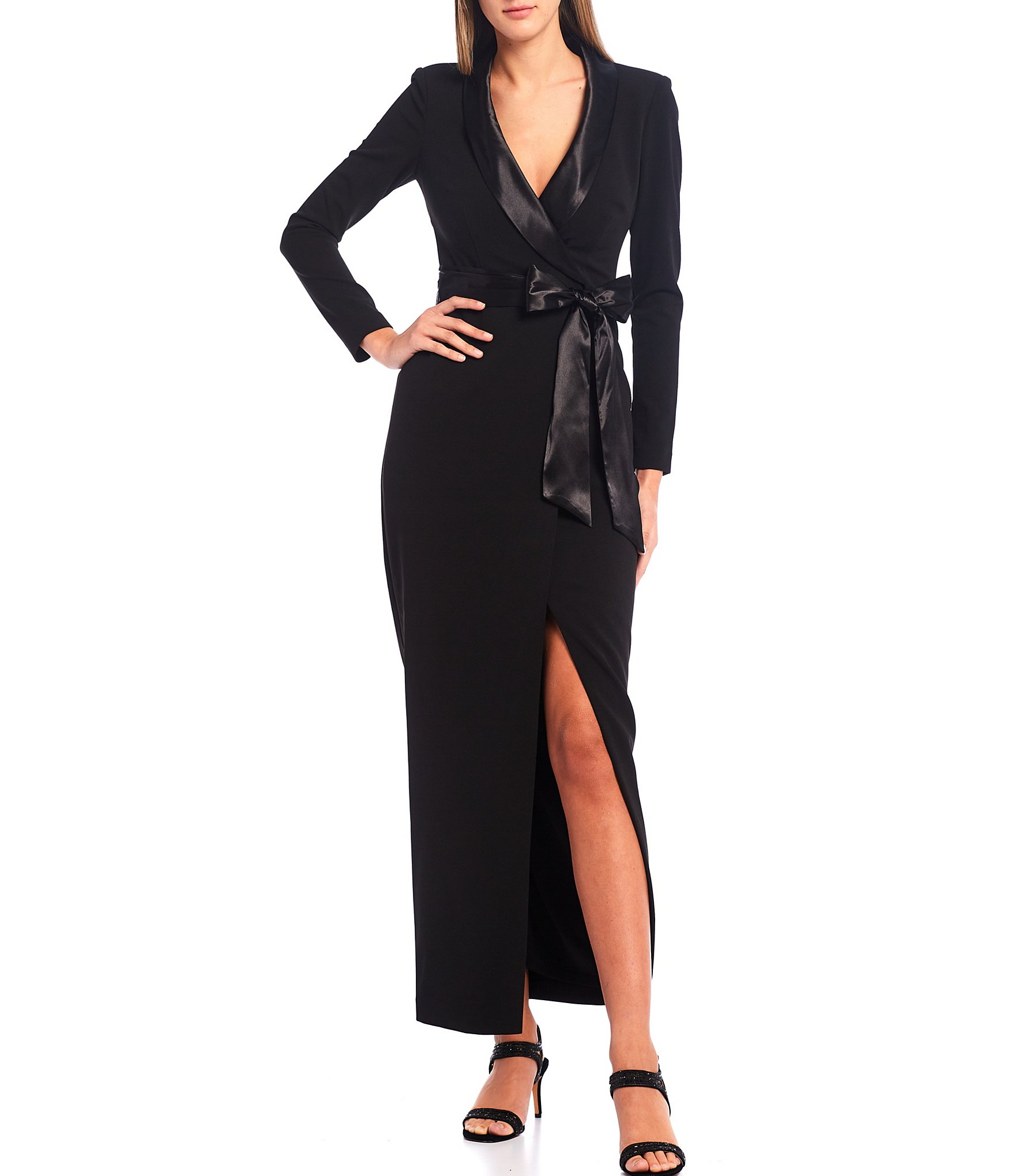 Eliza J Tuxedo Wrap Surplice V-Neck Scuba Crepe Tie Waist Long Sleeve Front  Slit Gown | Dillard's