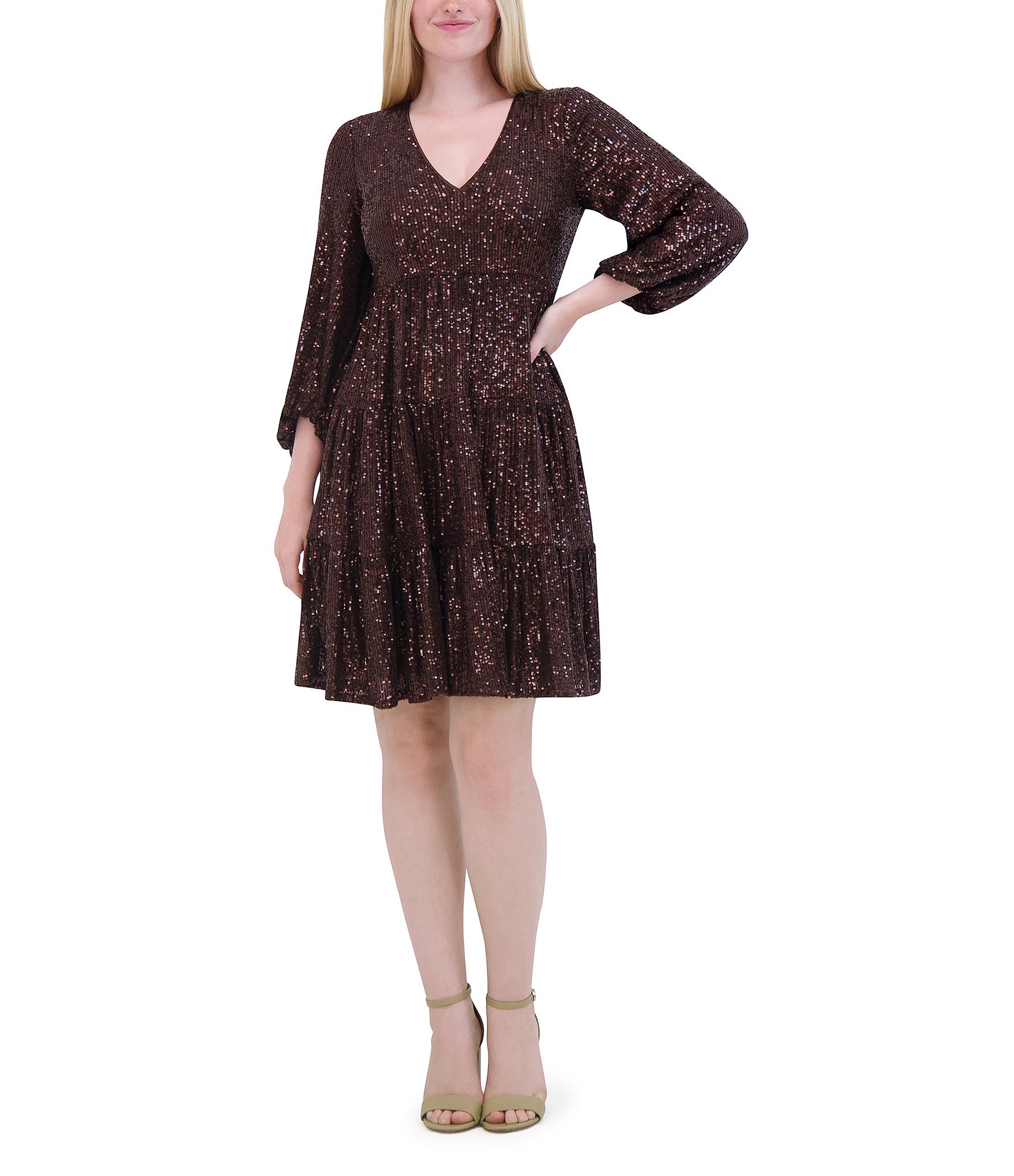 Eliza J V-Neck 3/4 Balloon Sleeve Sequin Tiered Trapeze Dress | Dillard's