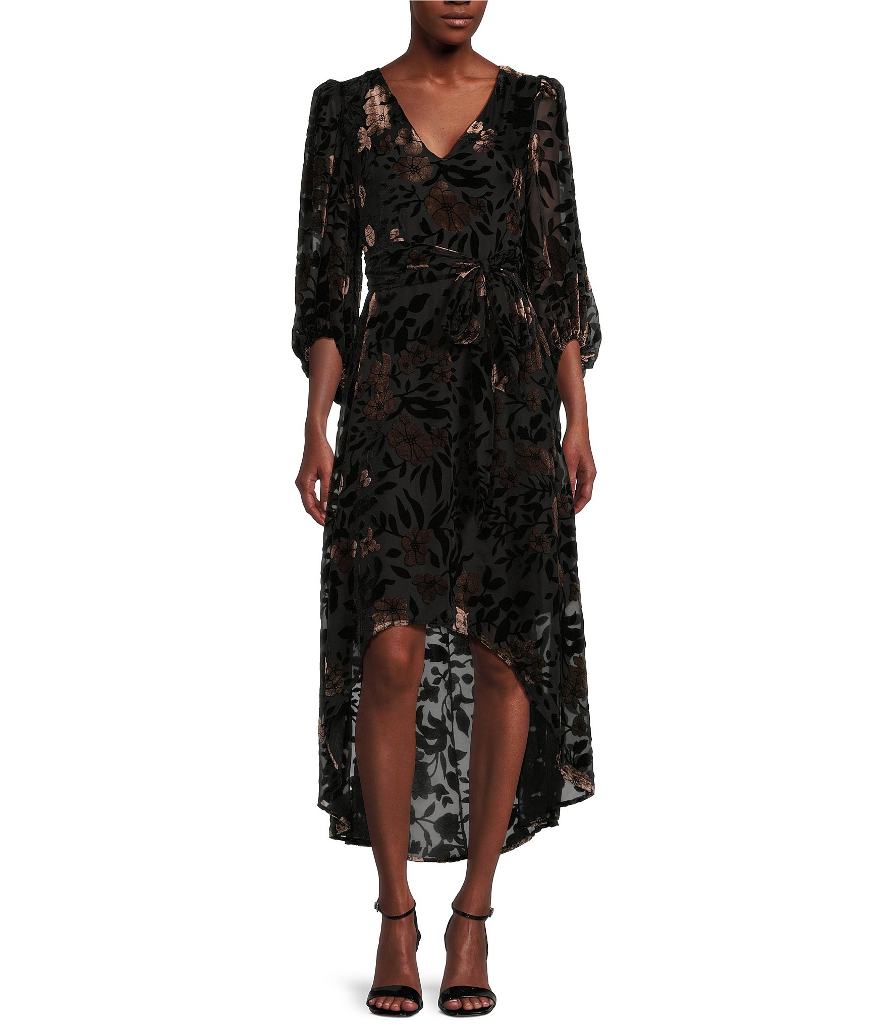 Eliza J Velvet Burnout V-Neck 3/4 Sleeve High-Low Midi Dress | Dillard's