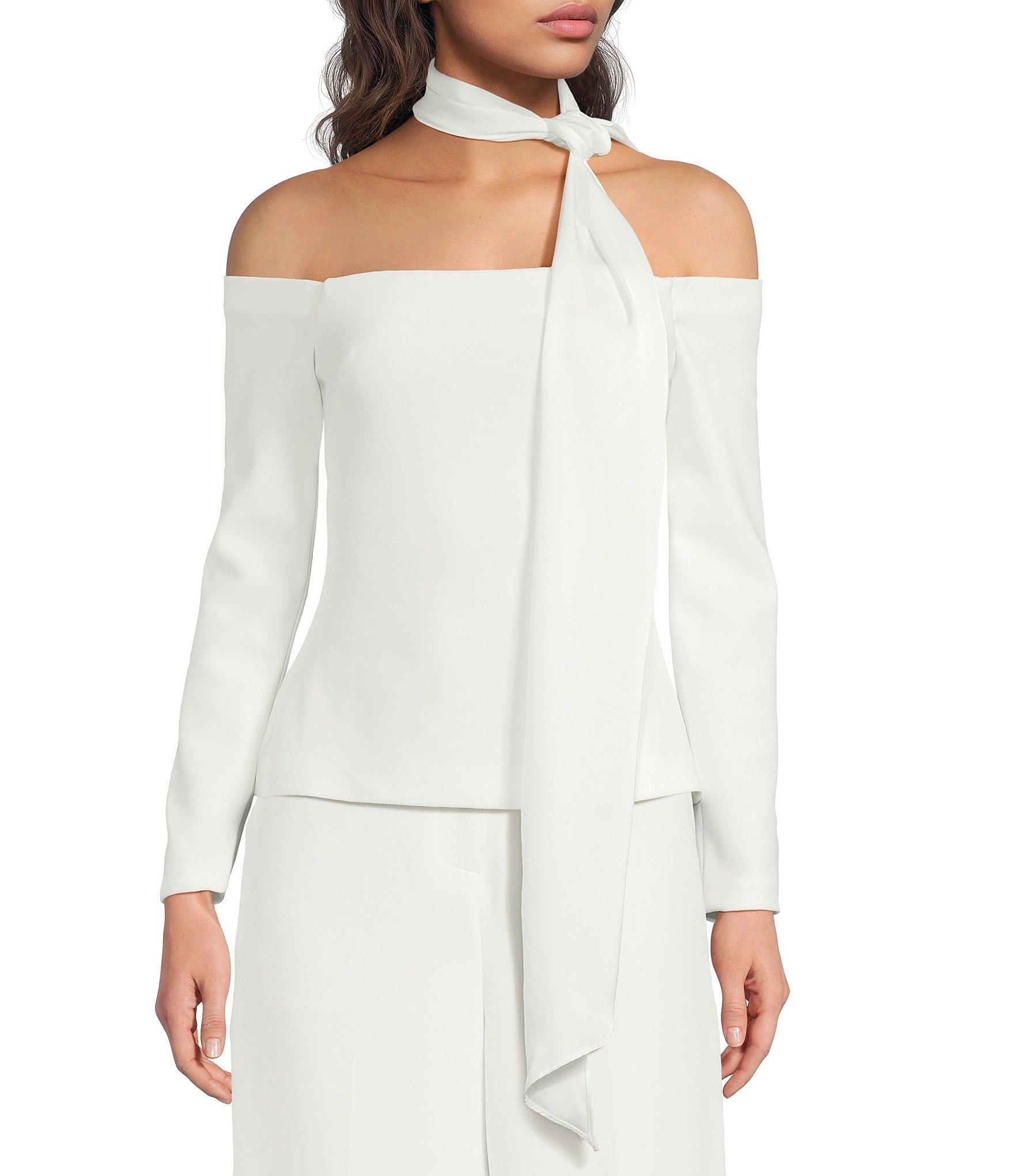 ELLIATT Skye Stretch Crepe Off-The-Shoulder Long Sleeve Satin Neck Tie Top