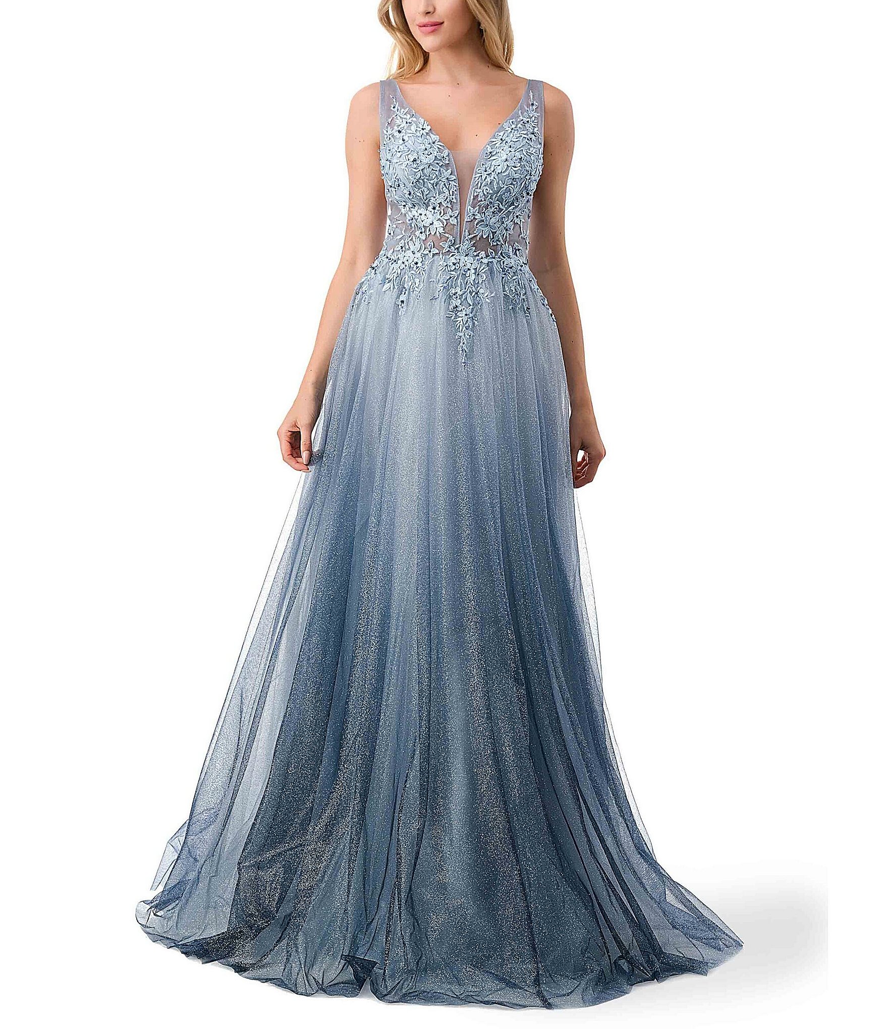 Embroidered Floral Illusion Mesh Ombre Ball Gown | Dillard's