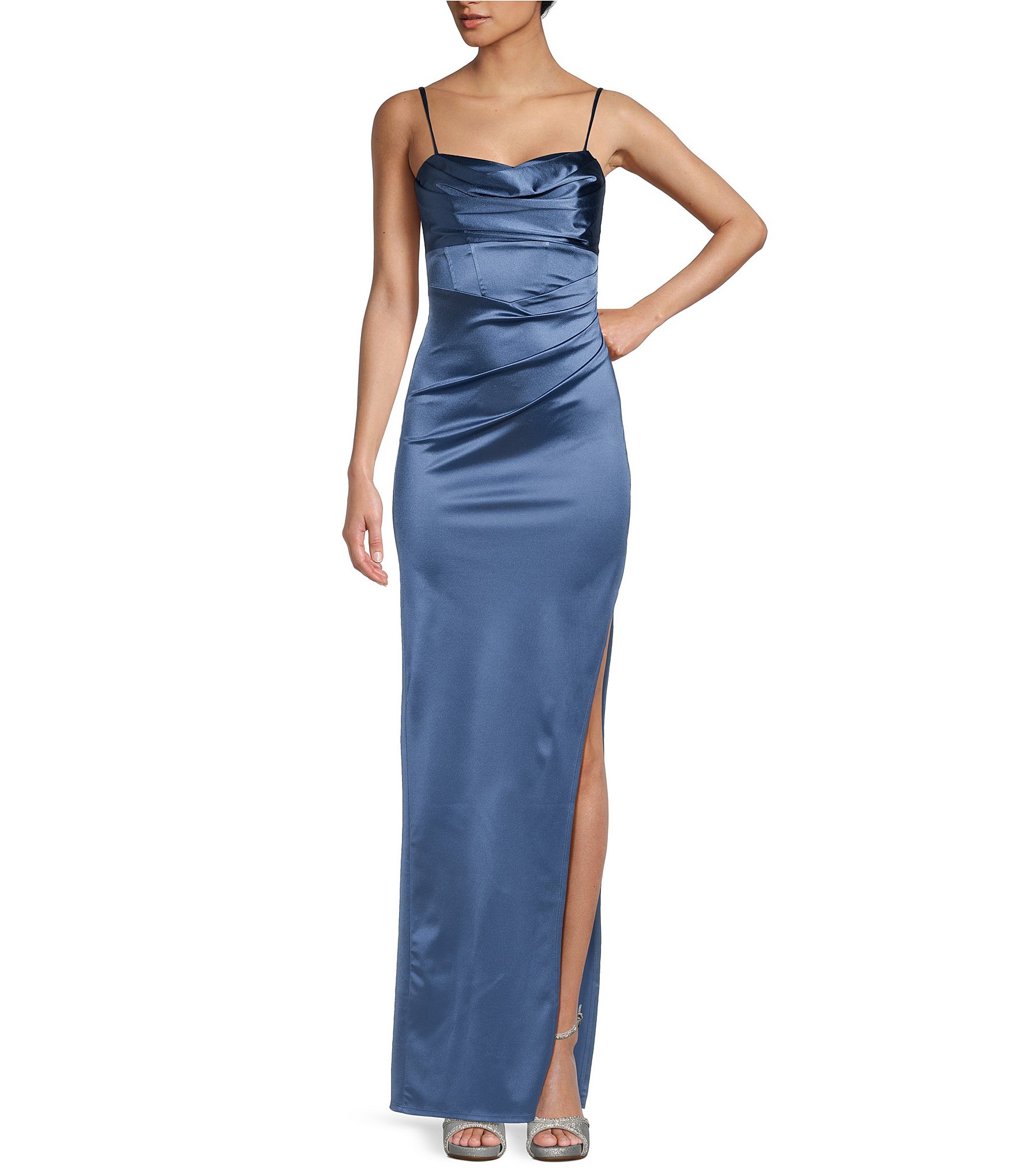 Honey and Rosie Emma Bodice Side Slit Satin Long Dress | Dillard's