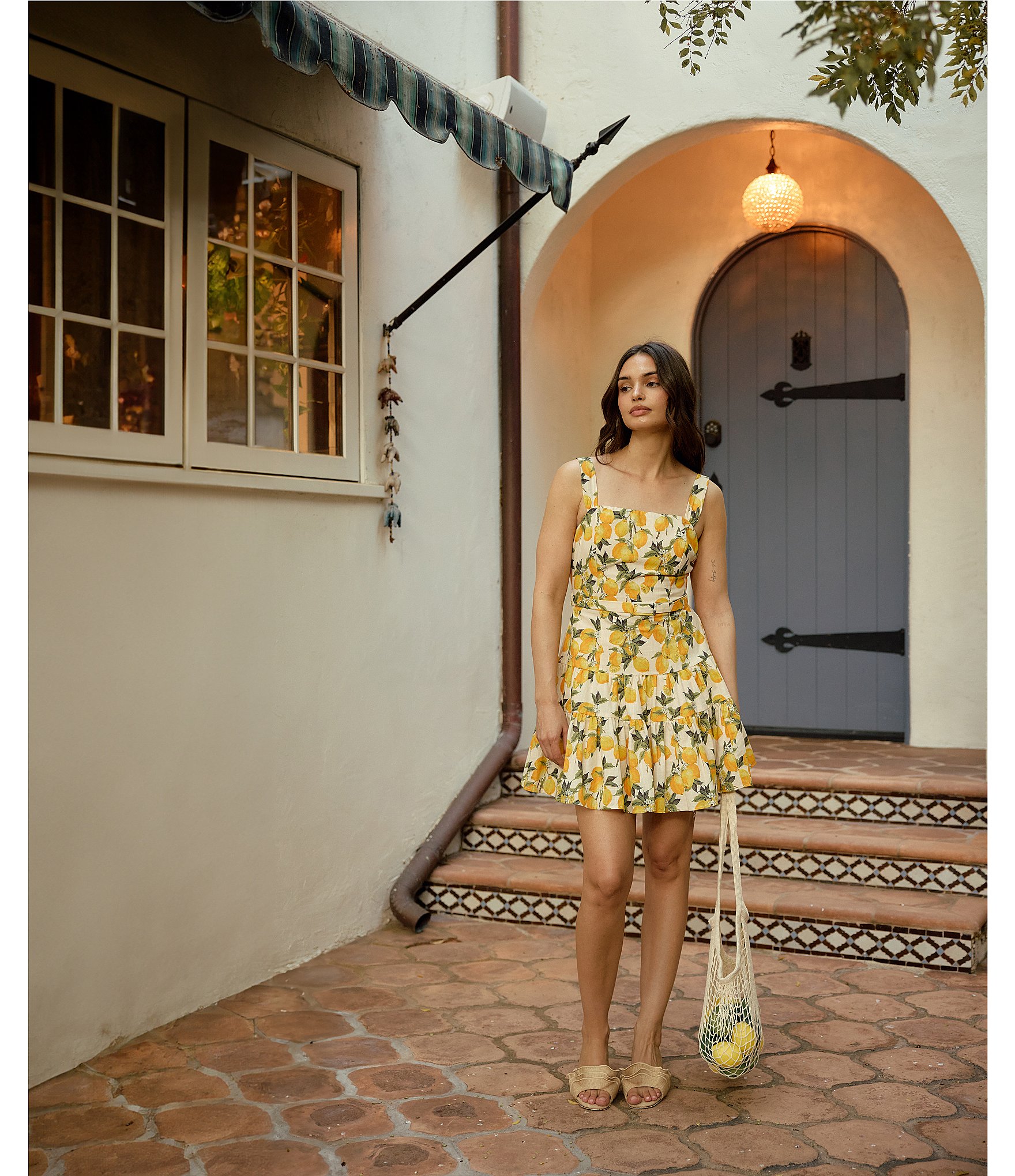 En Saison Blanca Lemon Print Square Neckline Sleeveless Tiered Mini Dress