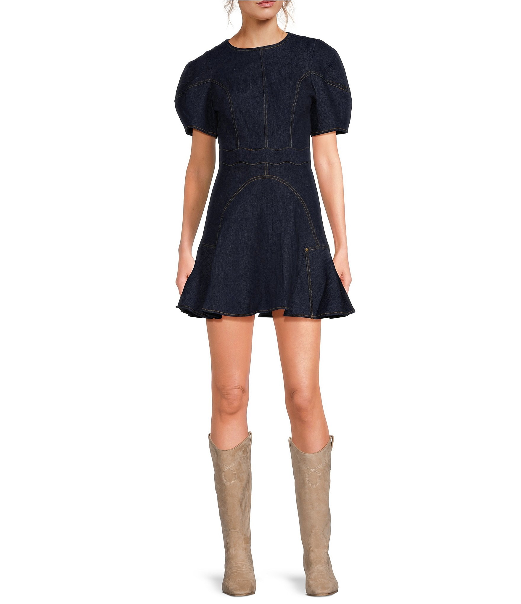 En Saison Dakota Denim Crew Neck Short Puff Sleeve Ruffle Hem Mini ...